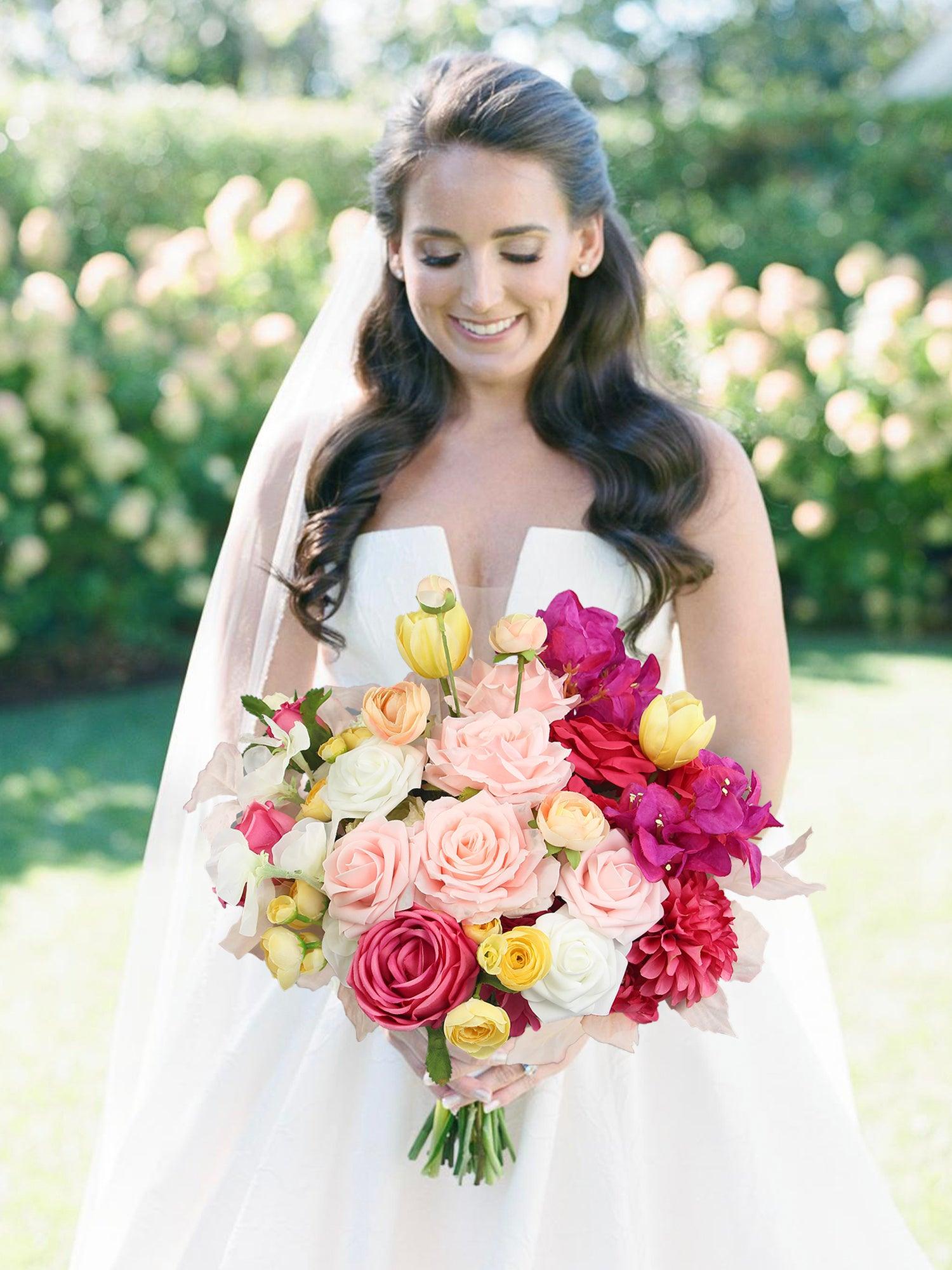 15.7 inch wide Magenta Pink & Blush Bridal Bouquet - Rinlong Flower