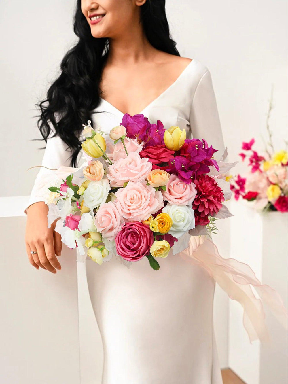 15.7 inch wide Magenta Pink & Blush Bridal Bouquet - Rinlong Flower
