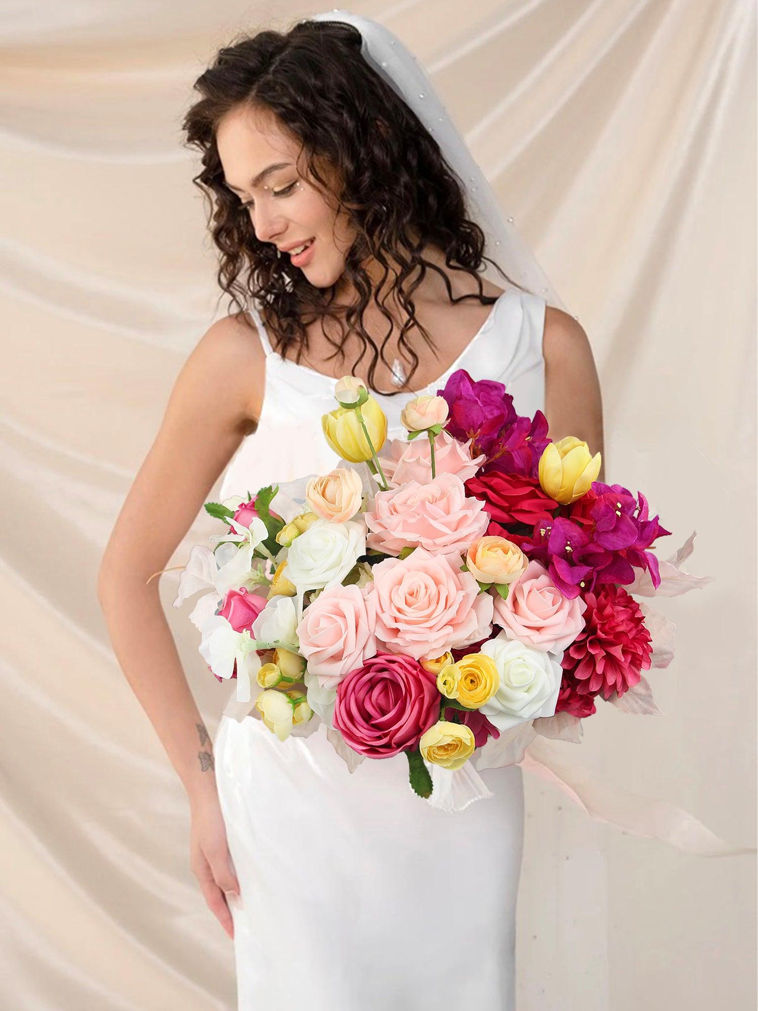 15.7 inch wide Magenta Pink & Blush Bridal Bouquet - Rinlong Flower