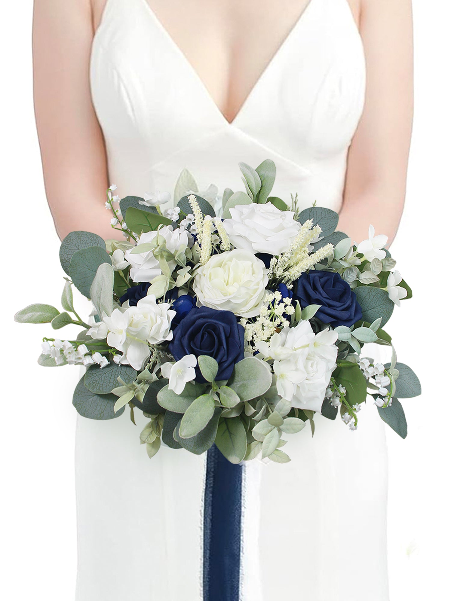 11.8 inch wide Navy Blue & White Bridal Bouquet