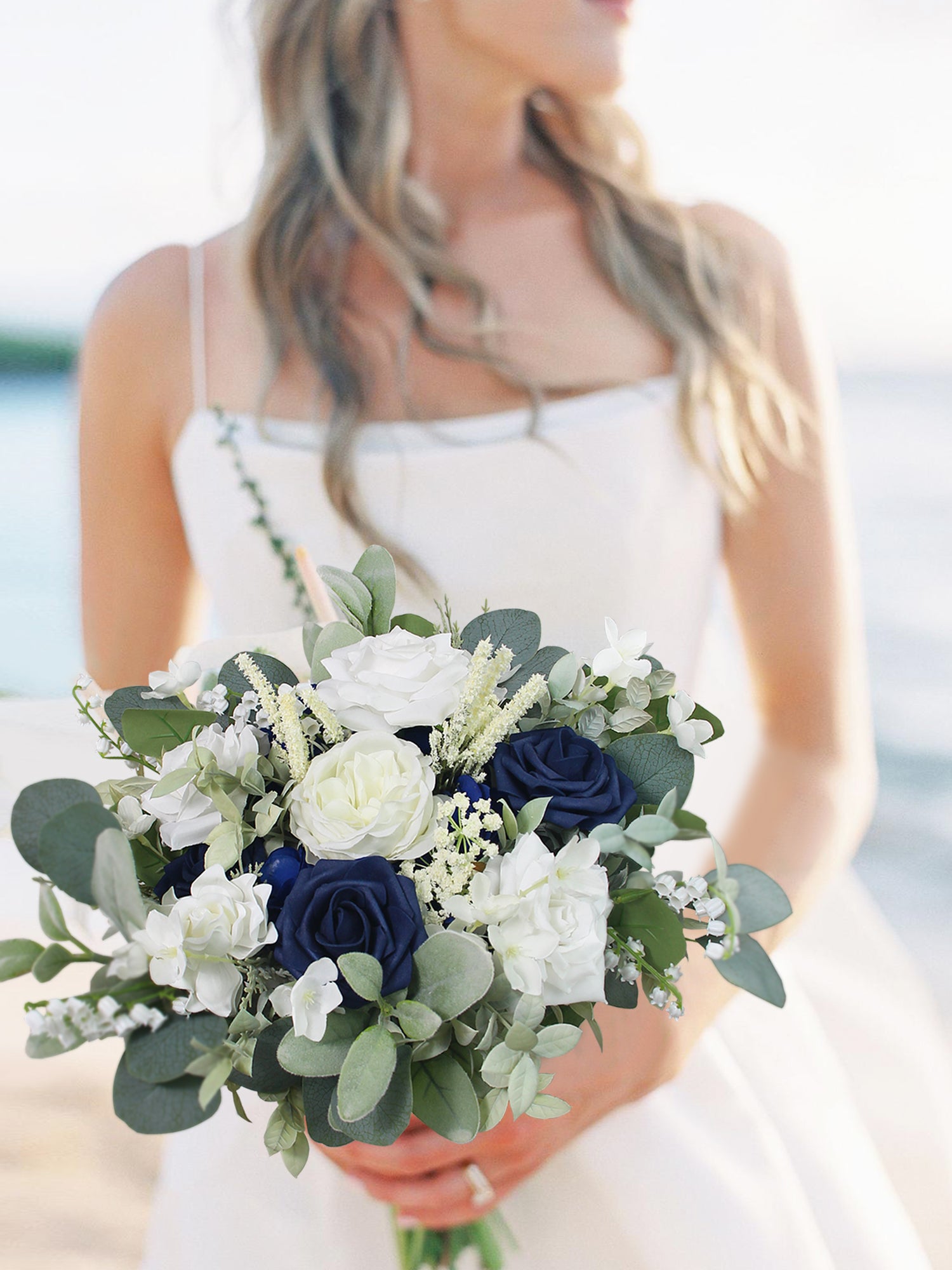 11.8 inch wide Navy Blue & White Bridal Bouquet