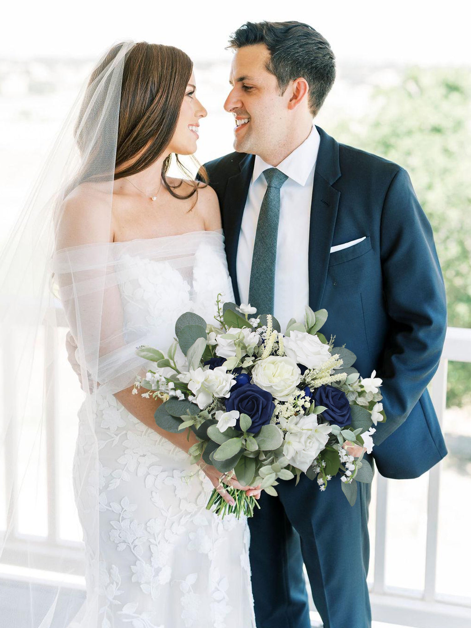 11.8 inch wide Navy Blue & White Bridal Bouquet