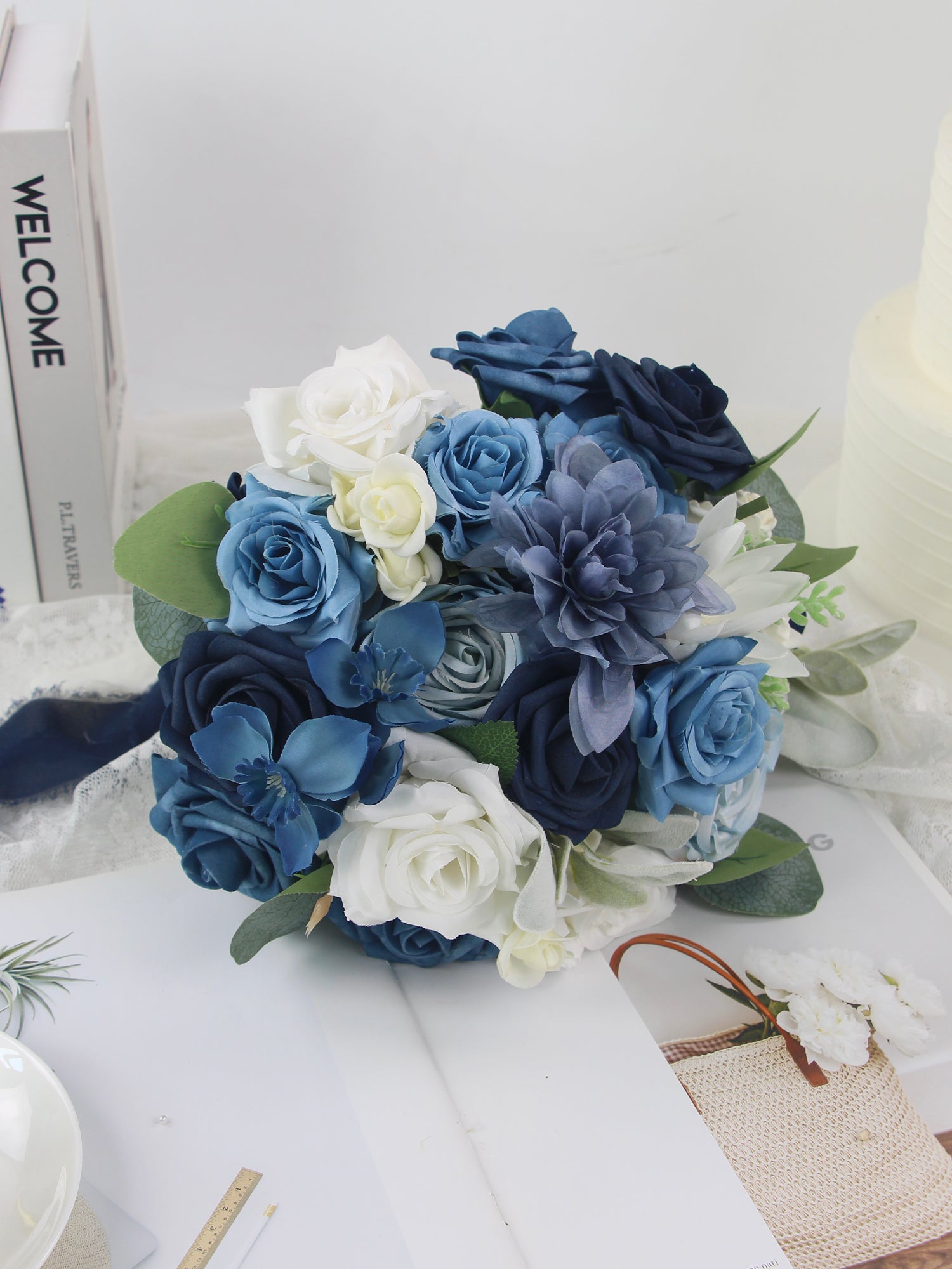 10.6 inch wide Round Navy Blue Bridal Bouquet - Rinlong Flower