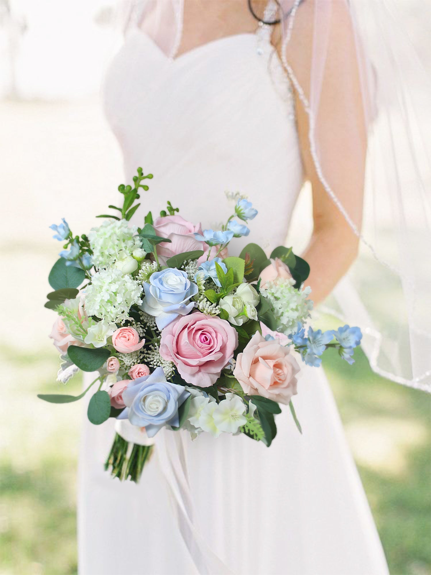 11 inch wide Blush & Baby Blue Bridal Bouquet