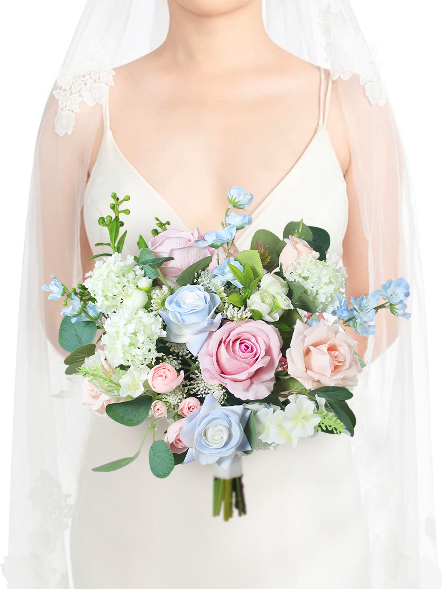 11 inch wide Blush & Baby Blue Bridal Bouquet