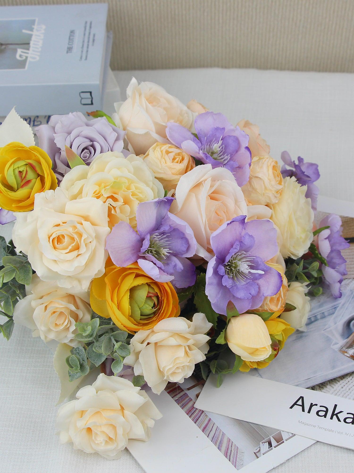 13.3 inch wide Peach & Lilac Bridal Bouquet - Rinlong Flower