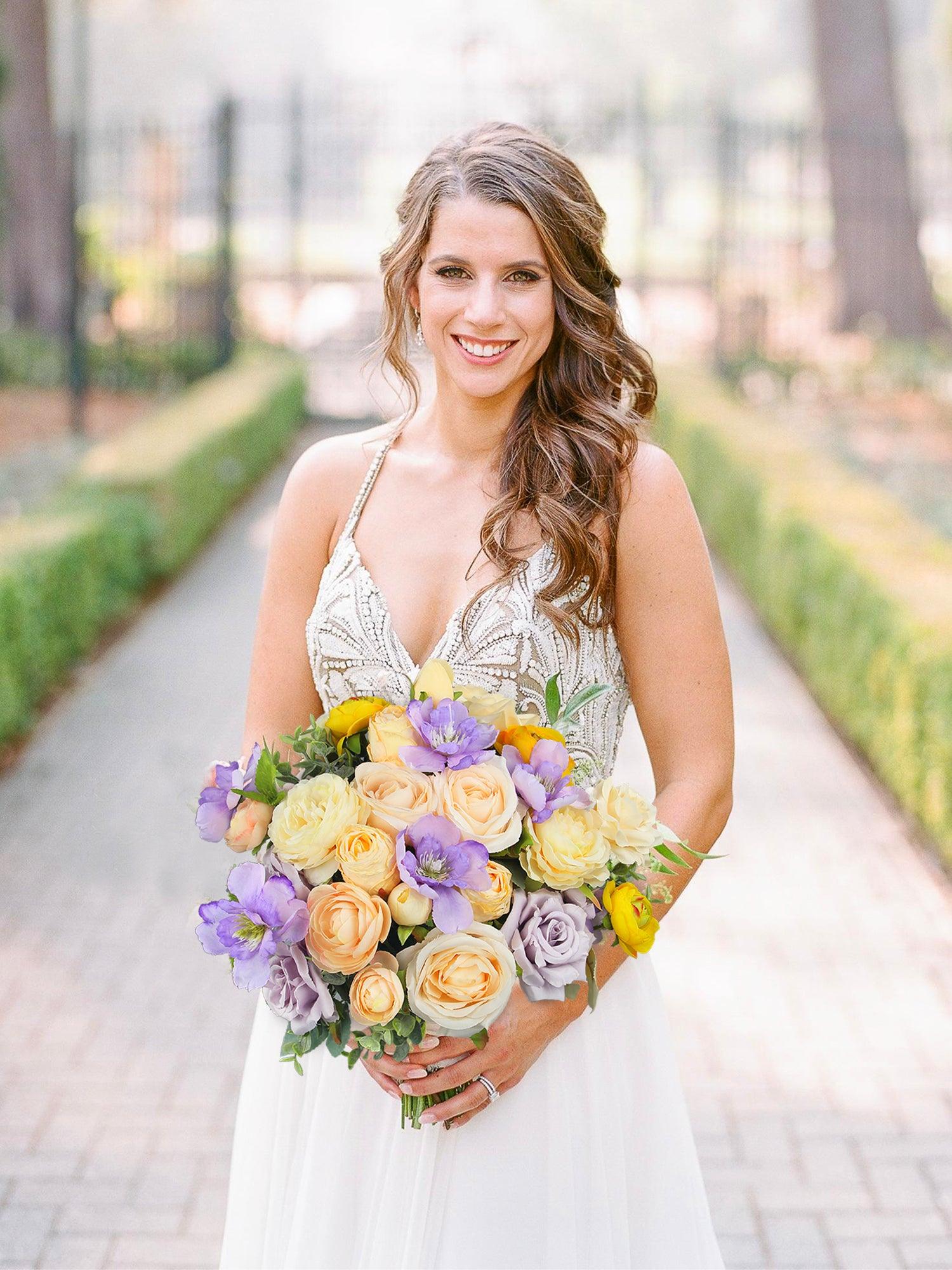 13.3 inch wide Peach & Lilac Bridal Bouquet - Rinlong Flower