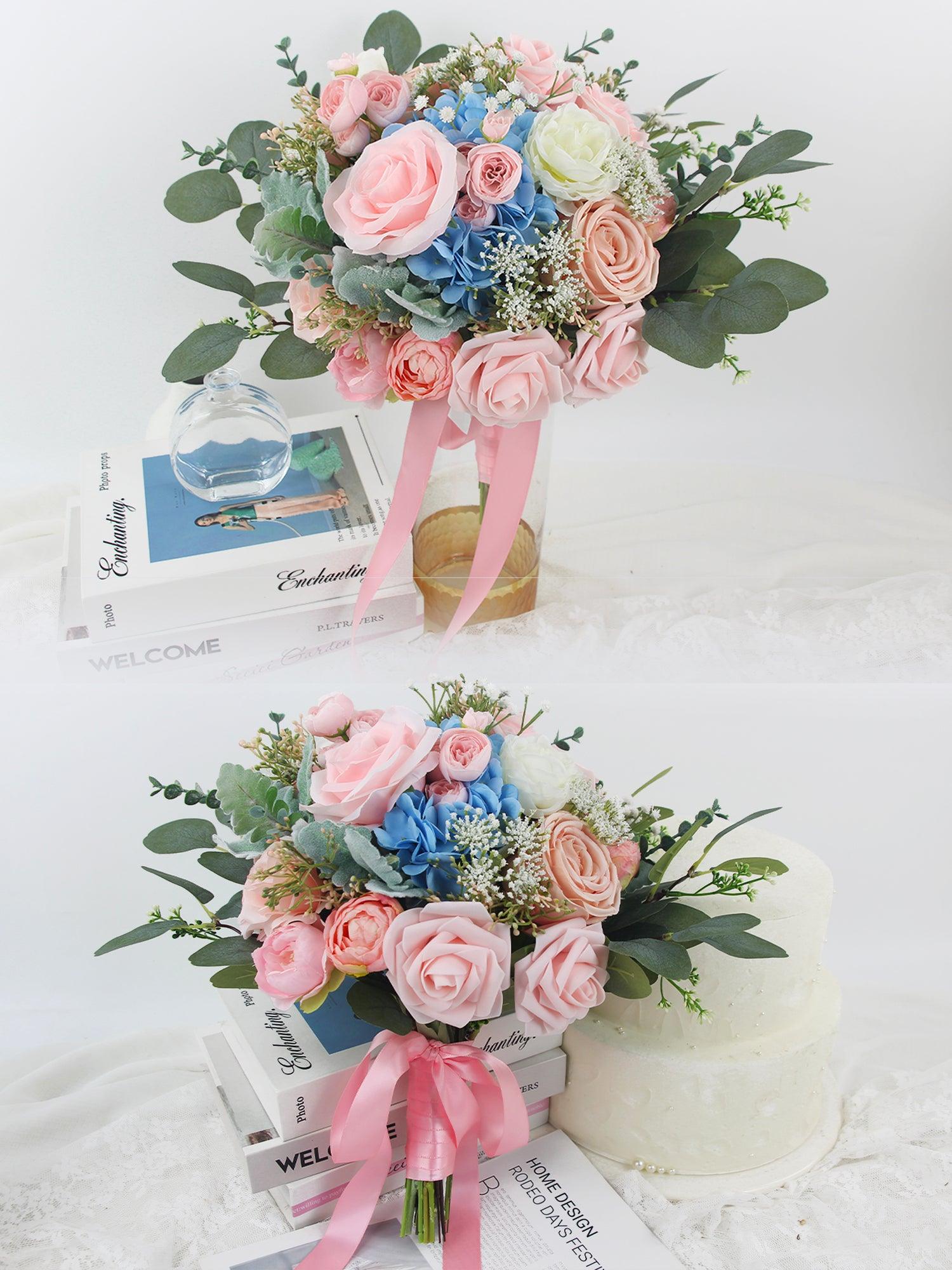 11.8 inch wide Blush & Baby Blue Bridal Bouquet - Rinlong Flower