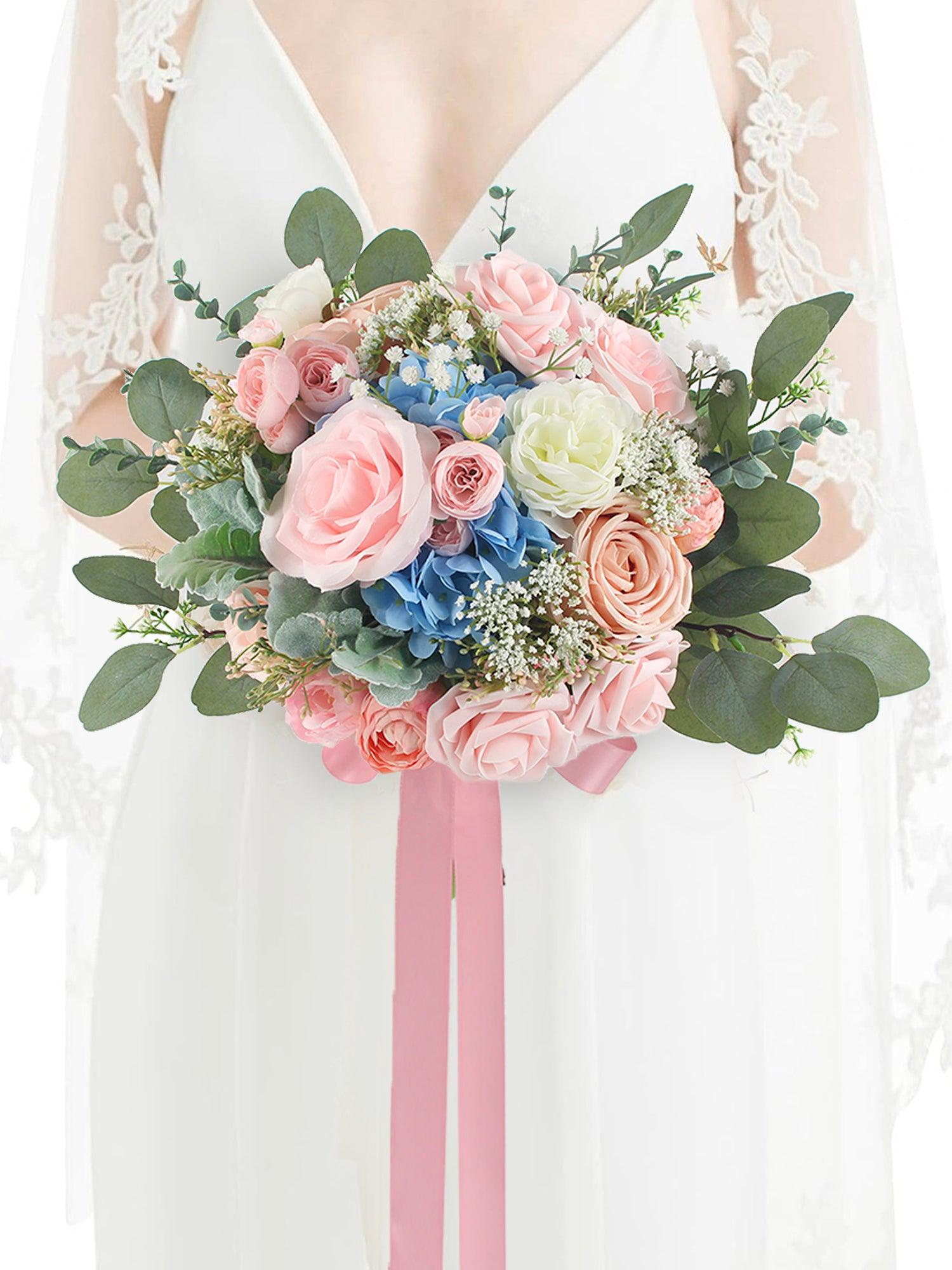 11.8 inch wide Blush & Baby Blue Bridal Bouquet - Rinlong Flower