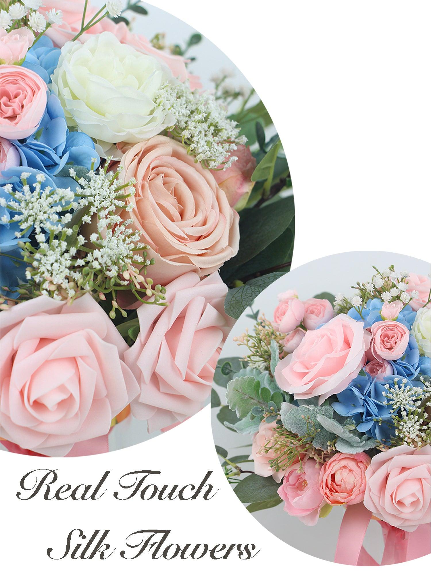 11.8 inch wide Blush & Baby Blue Bridal Bouquet - Rinlong Flower