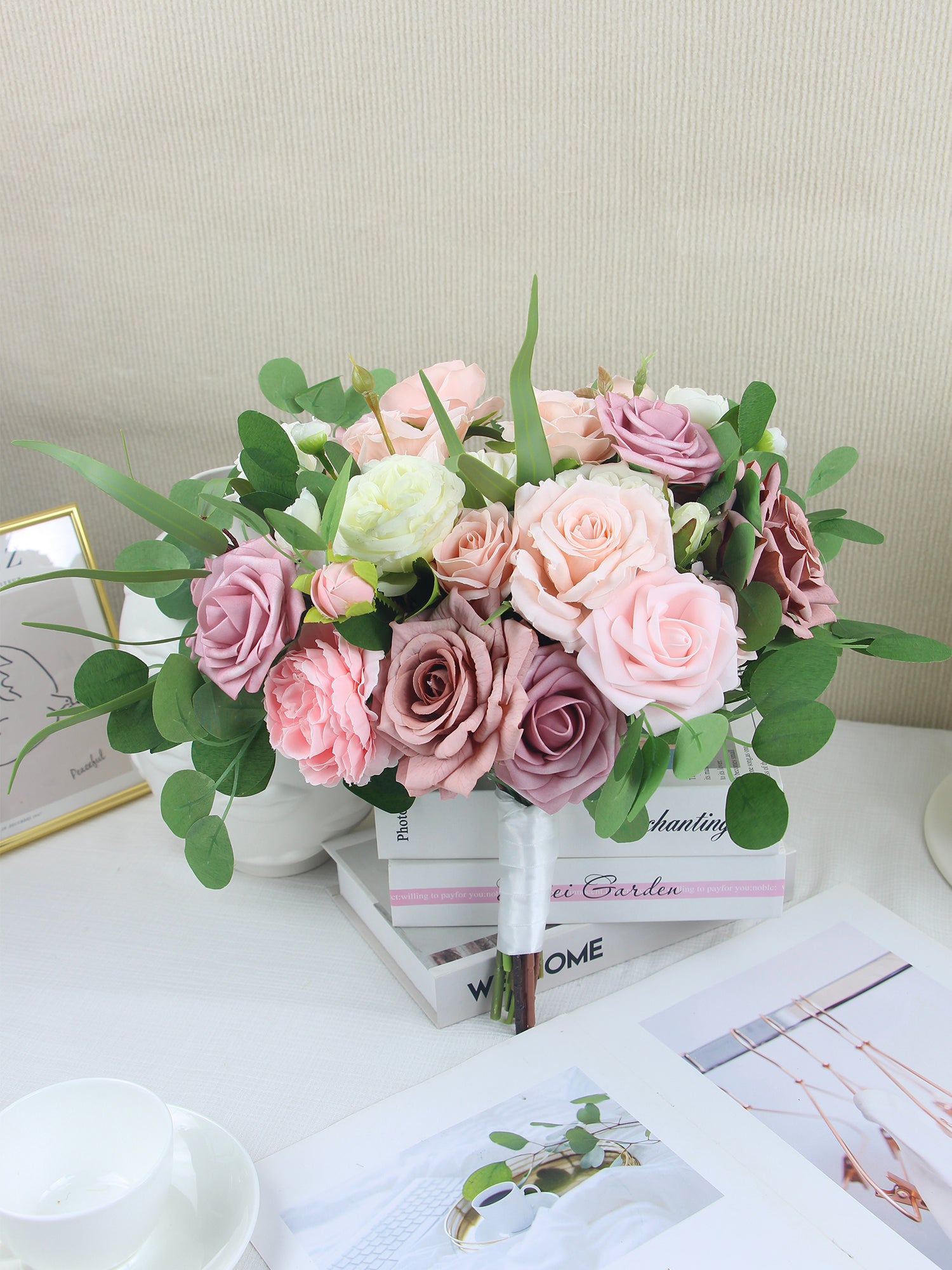 12.5 inch wide Pink & Dusty Rose Bridal Bouquet