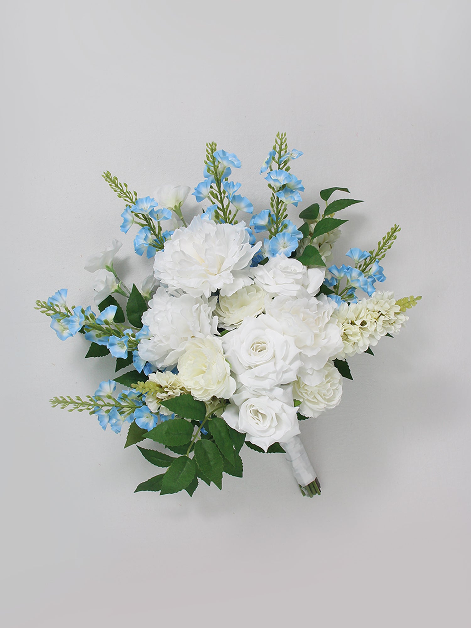 12.6 inch wide Baby Blue & White Bridal Bouquet