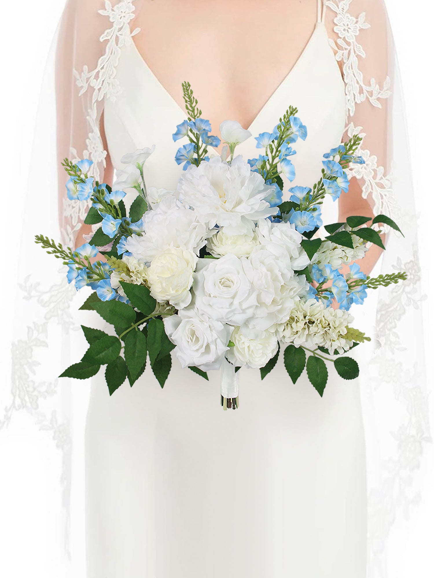 17.7 inch wide Baby Blue & White Bridal Bouquet