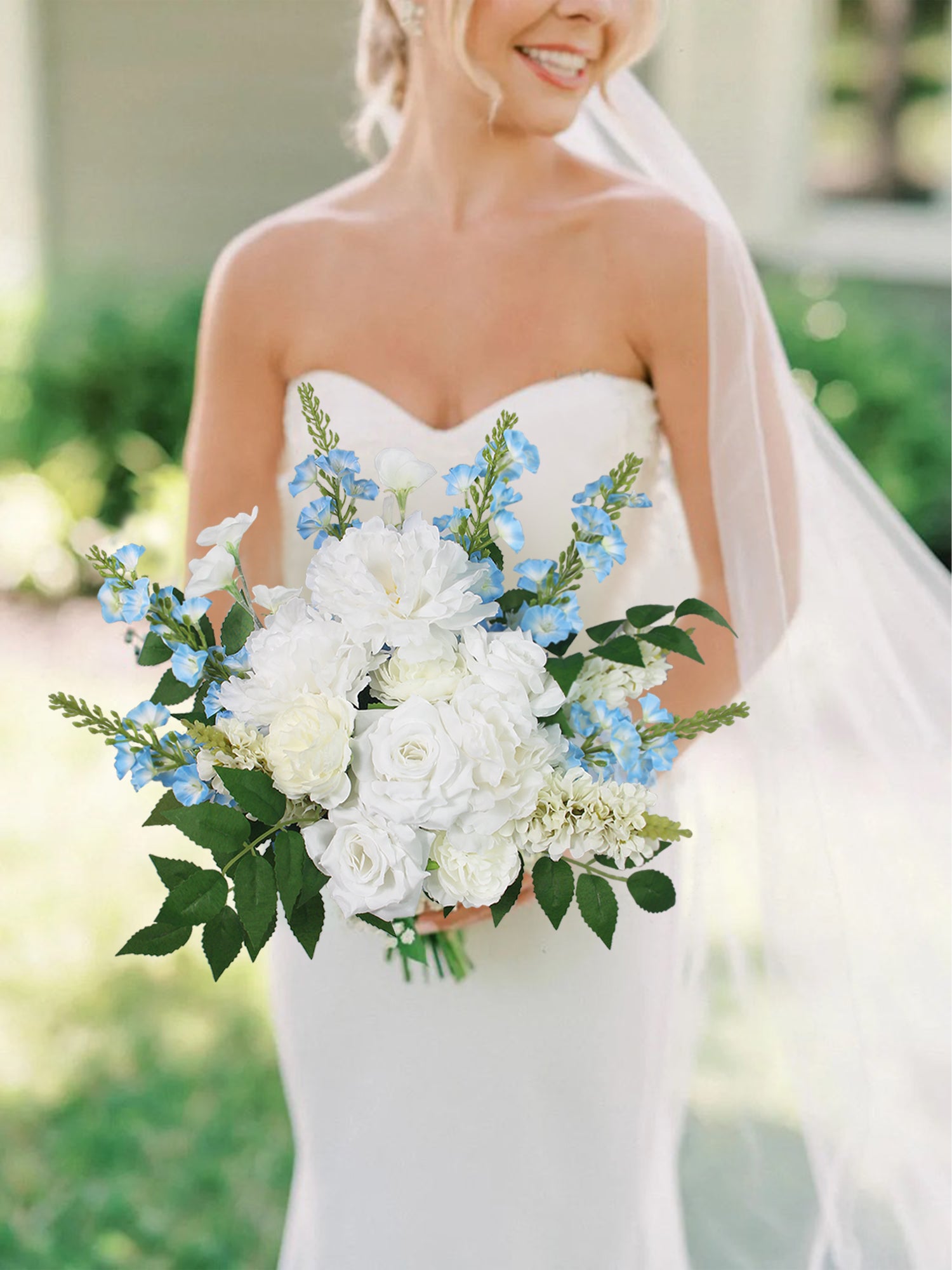 17.7 inch wide Baby Blue & White Bridal Bouquet