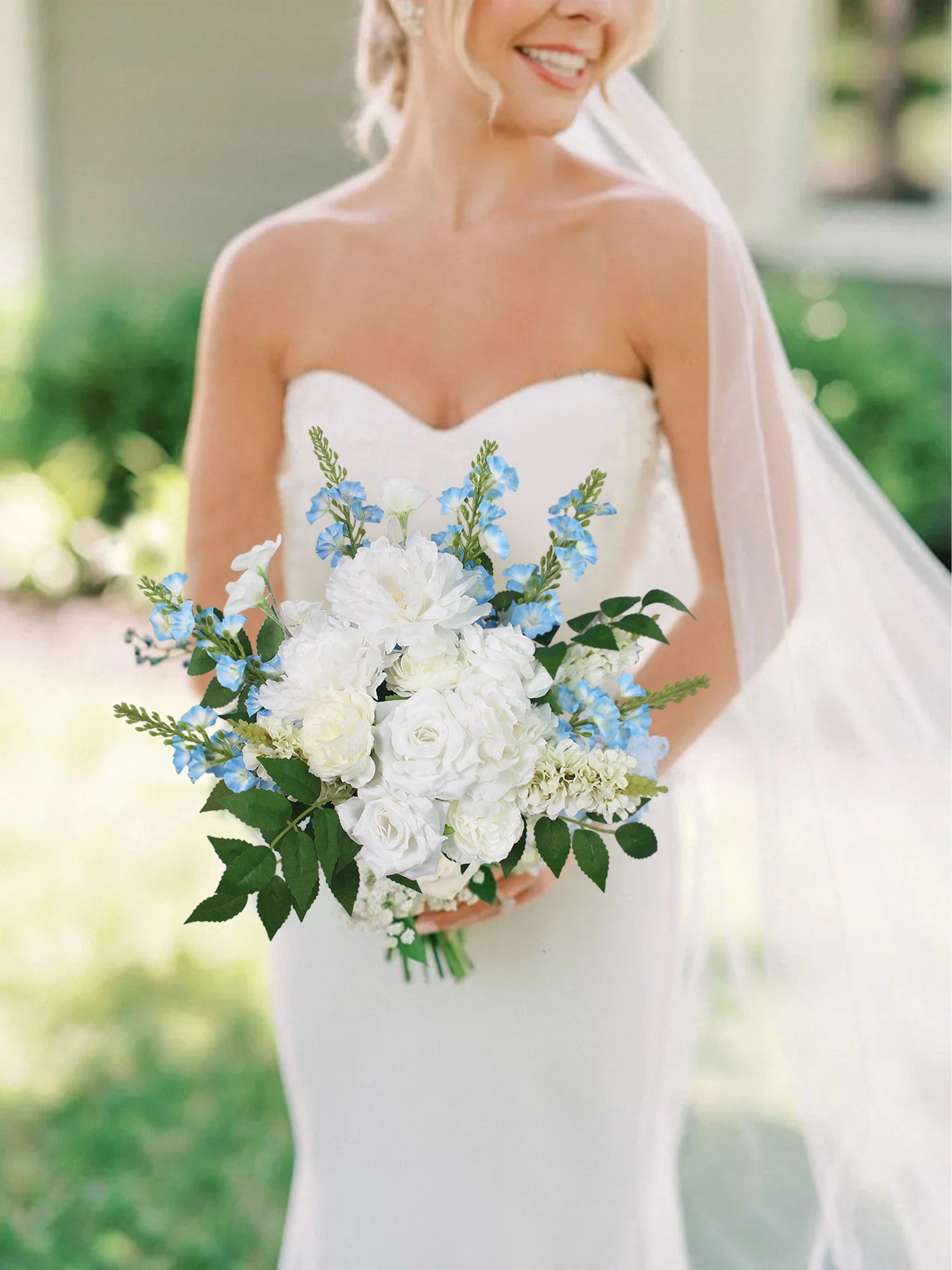 12.6 inch wide Baby Blue & White Bridal Bouquet