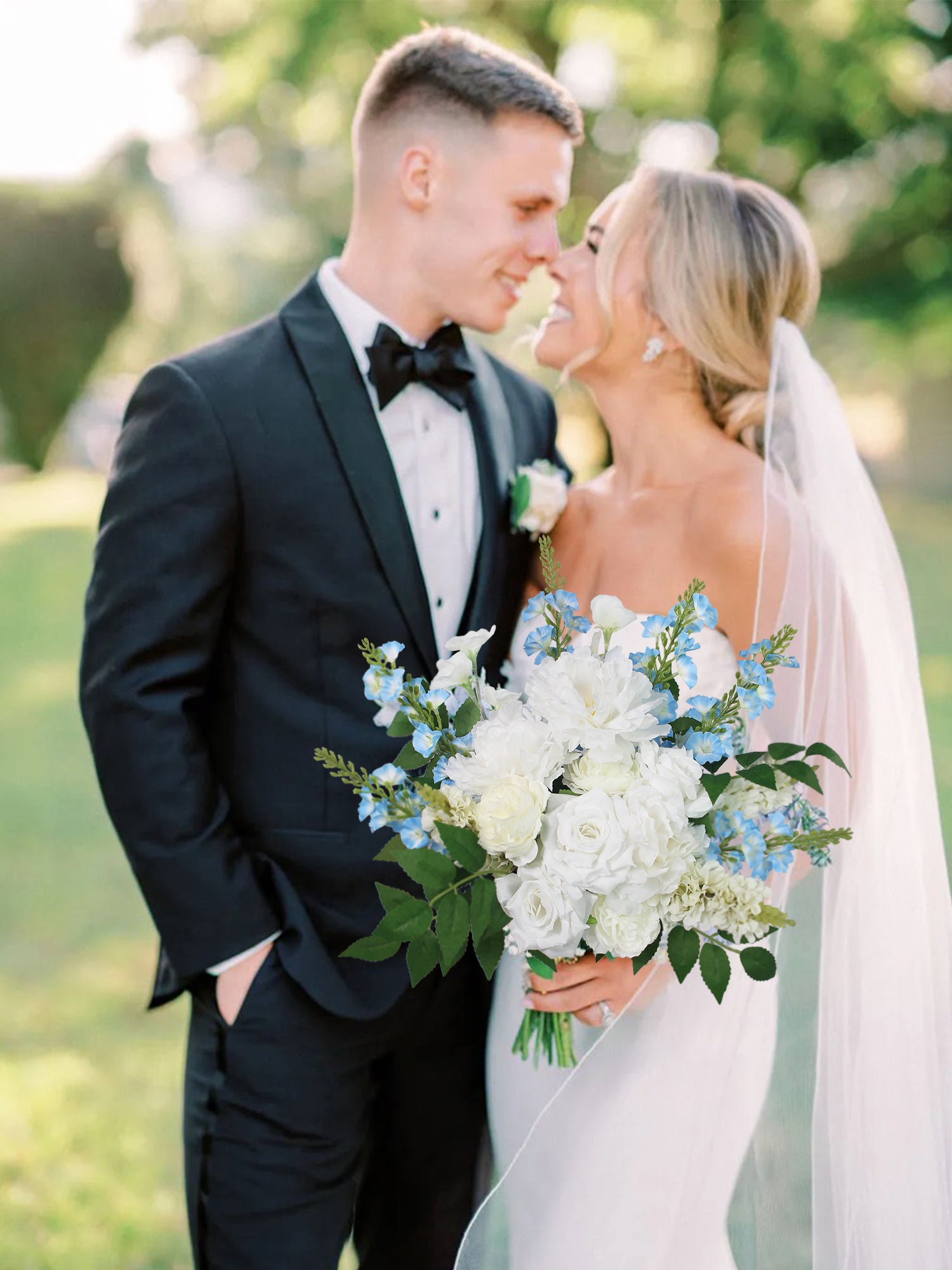 12.6 inch wide Baby Blue & White Bridal Bouquet