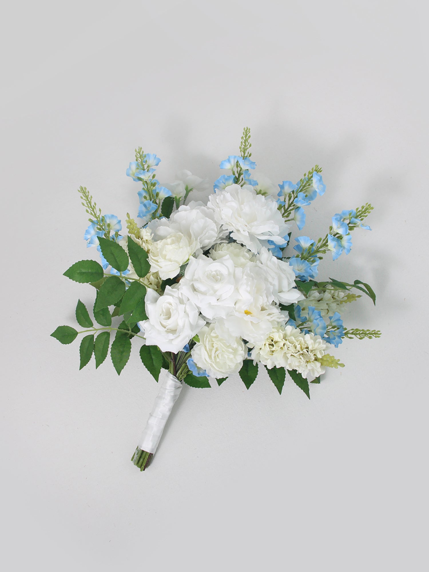 12.6 inch wide Baby Blue & White Bridal Bouquet
