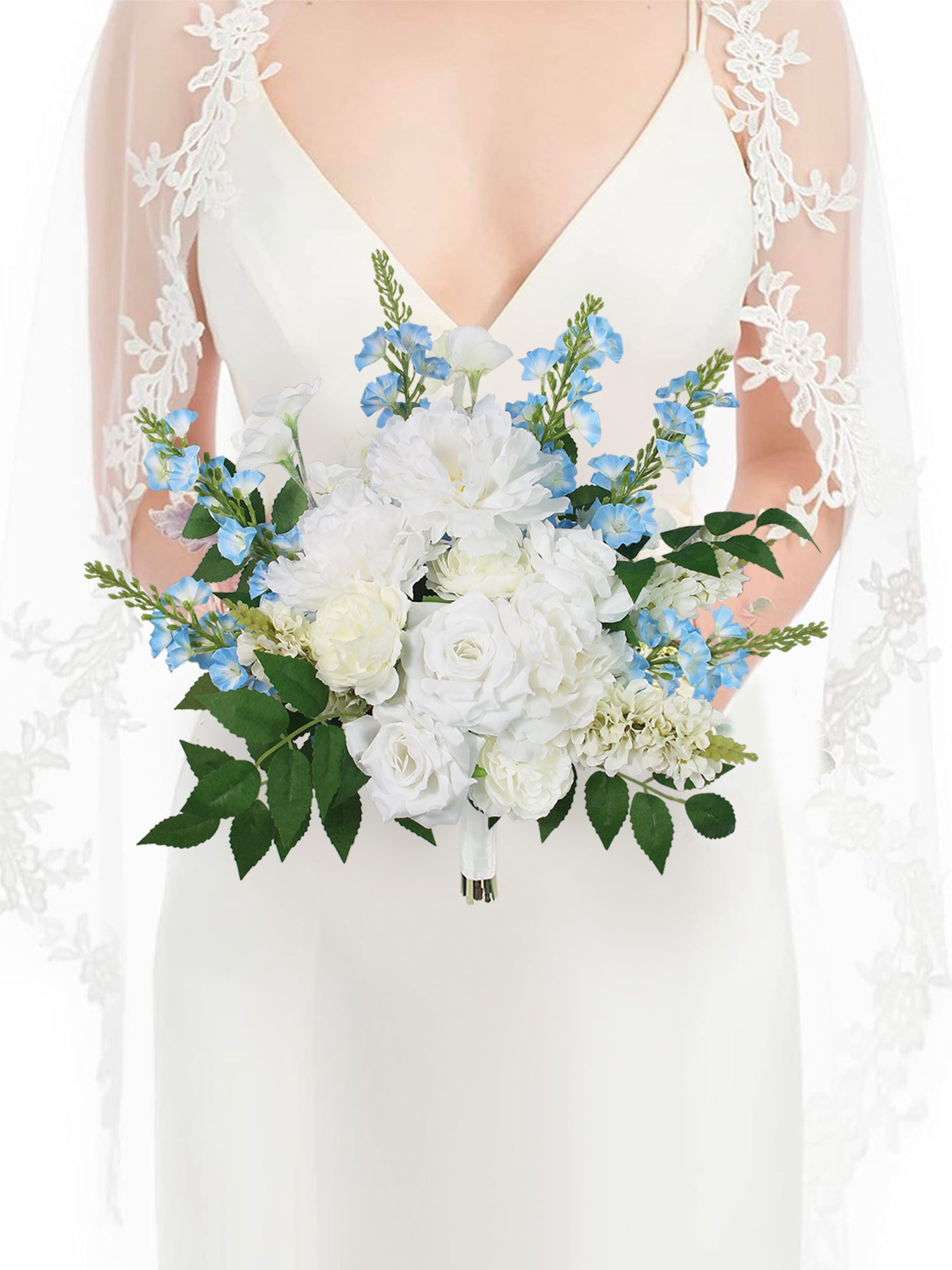 12.6 inch wide Baby Blue & White Bridal Bouquet