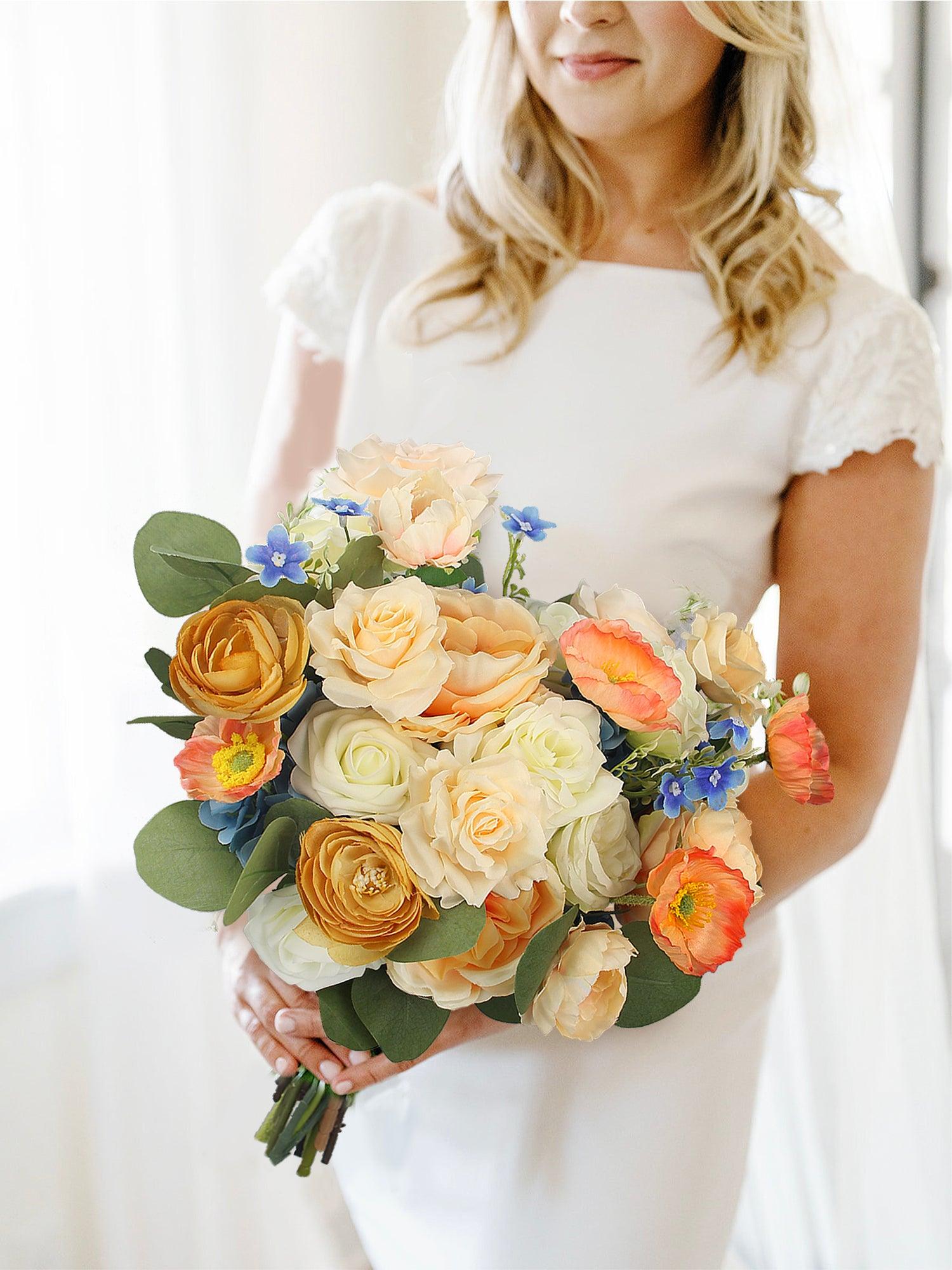 12.2 inch wide Apricot & Blue Bridal Bouquet