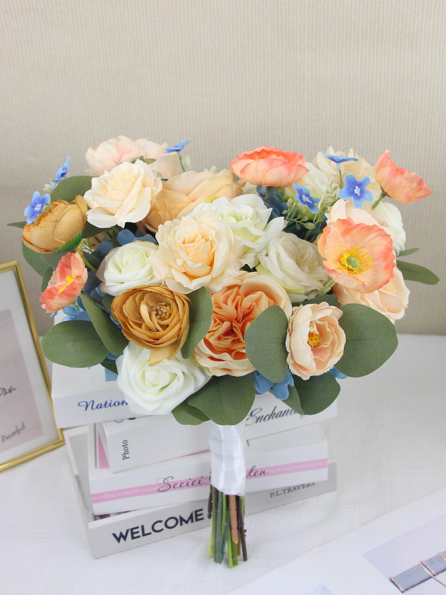 12.2 inch wide Apricot & Blue Bridal Bouquet