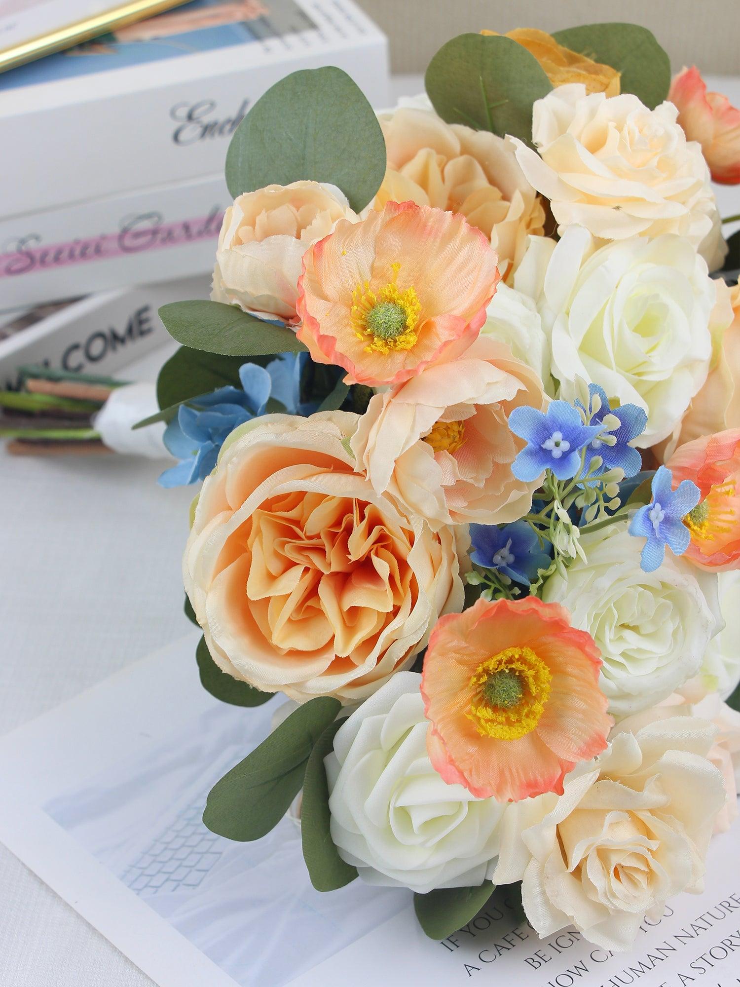 12.2 inch wide Apricot & Blue Bridal Bouquet - Rinlong Flower