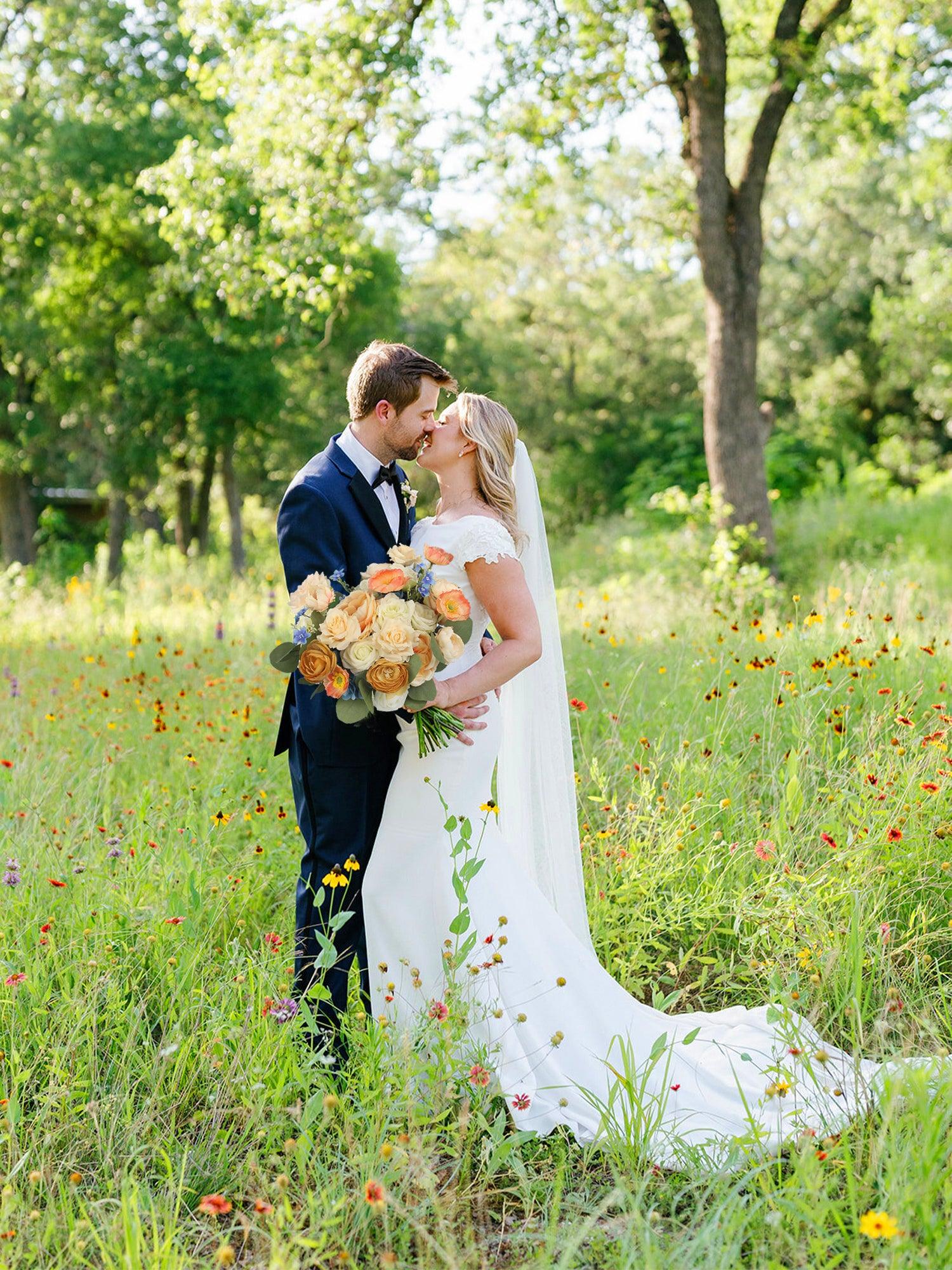 12.2 inch wide Apricot & Blue Bridal Bouquet - Rinlong Flower