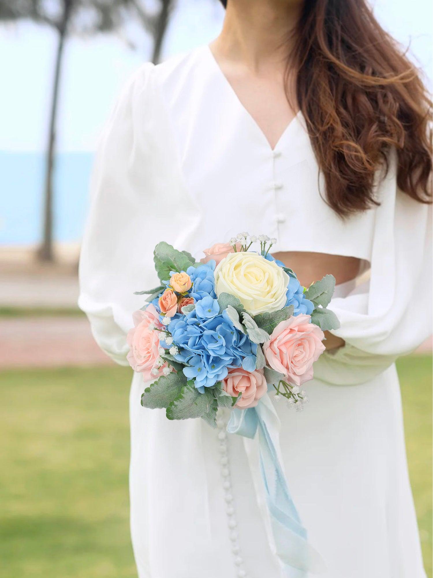 7.8 inch wide Blush & Baby Blue Bridesmaid Bouquet - Rinlong Flower