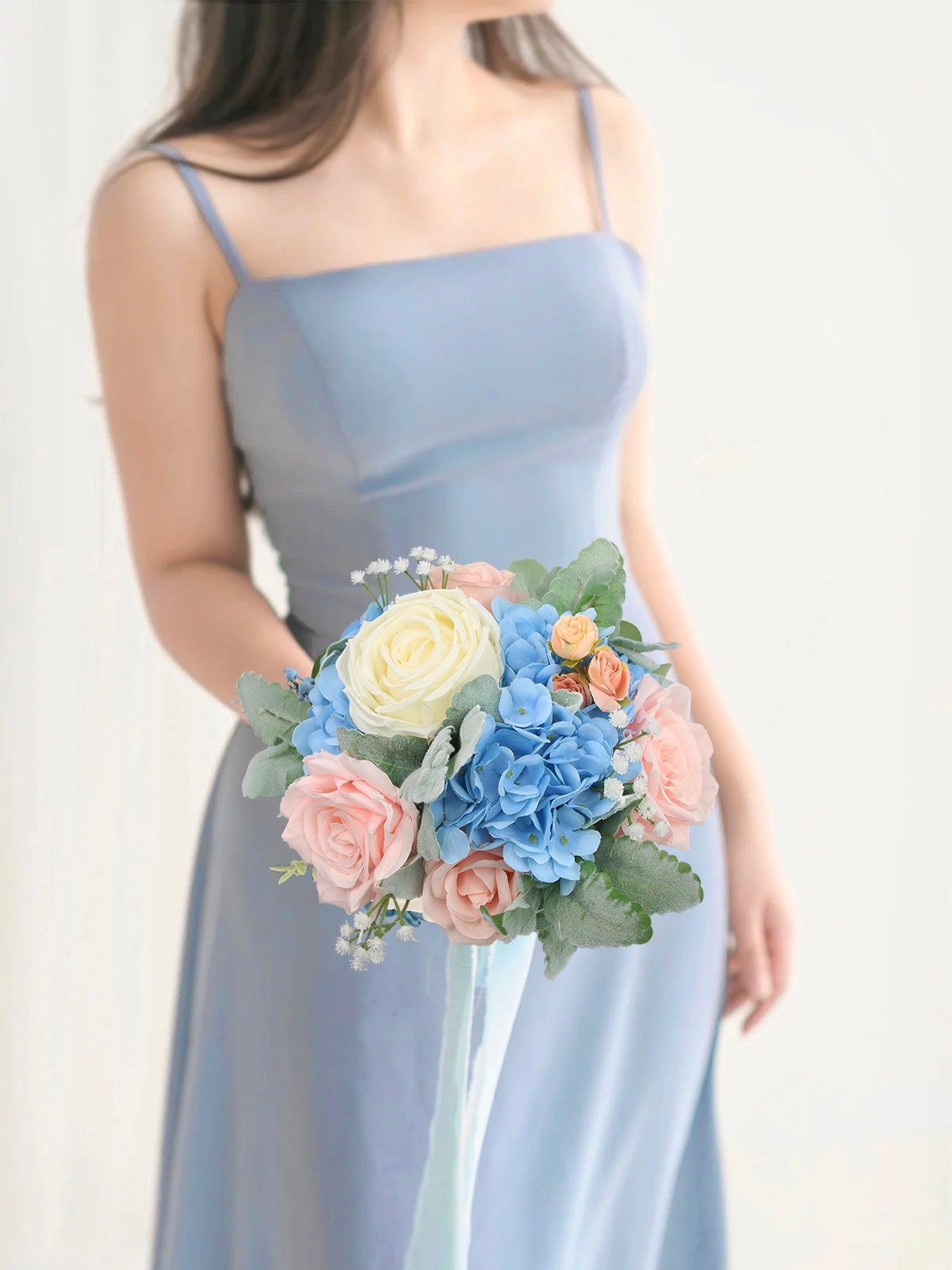 7.8 inch wide Blush & Baby Blue Bridesmaid Bouquet - Rinlong Flower