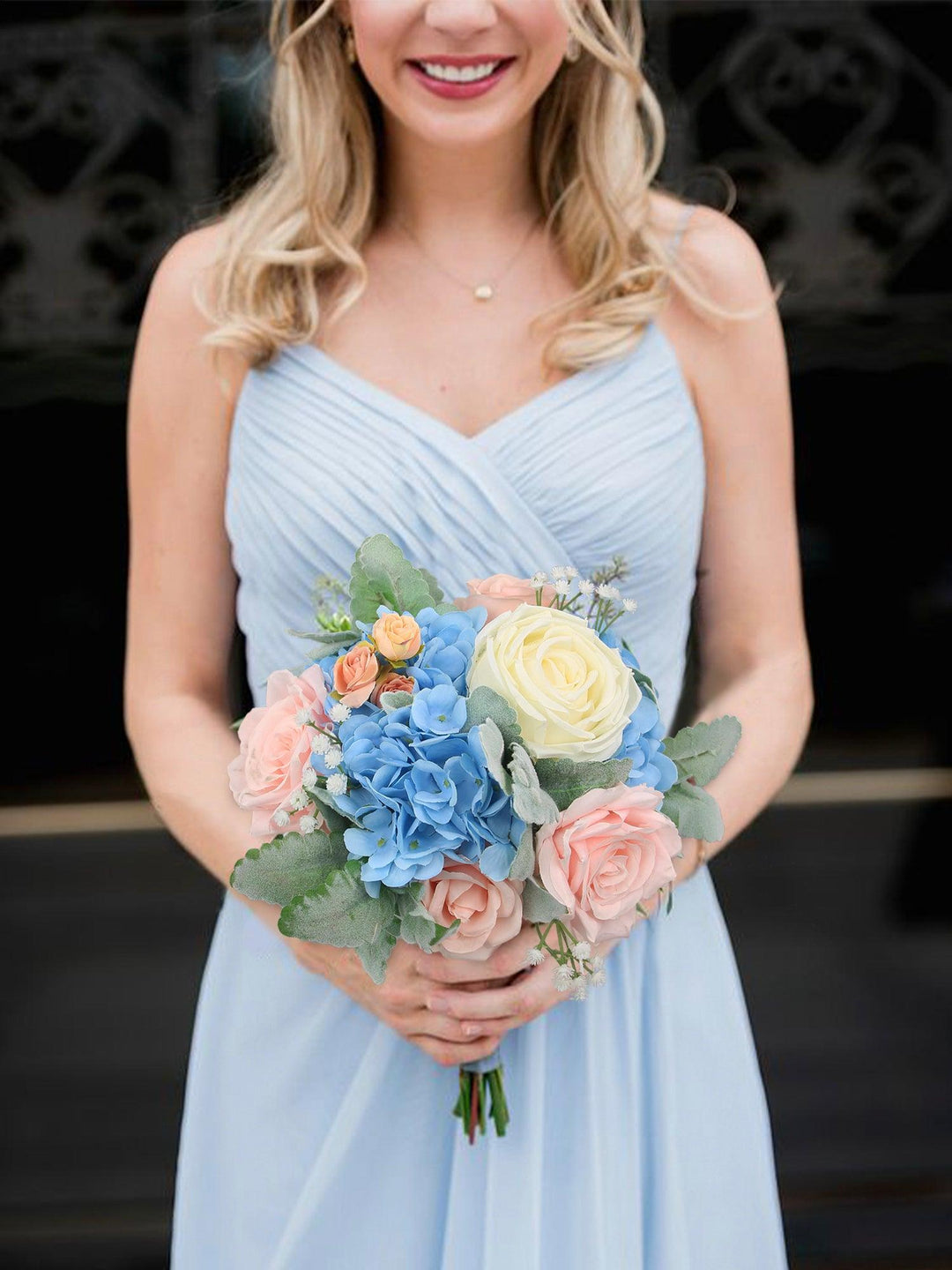 7.8 inch wide Blush & Baby Blue Bridesmaid Bouquet - Rinlong Flower