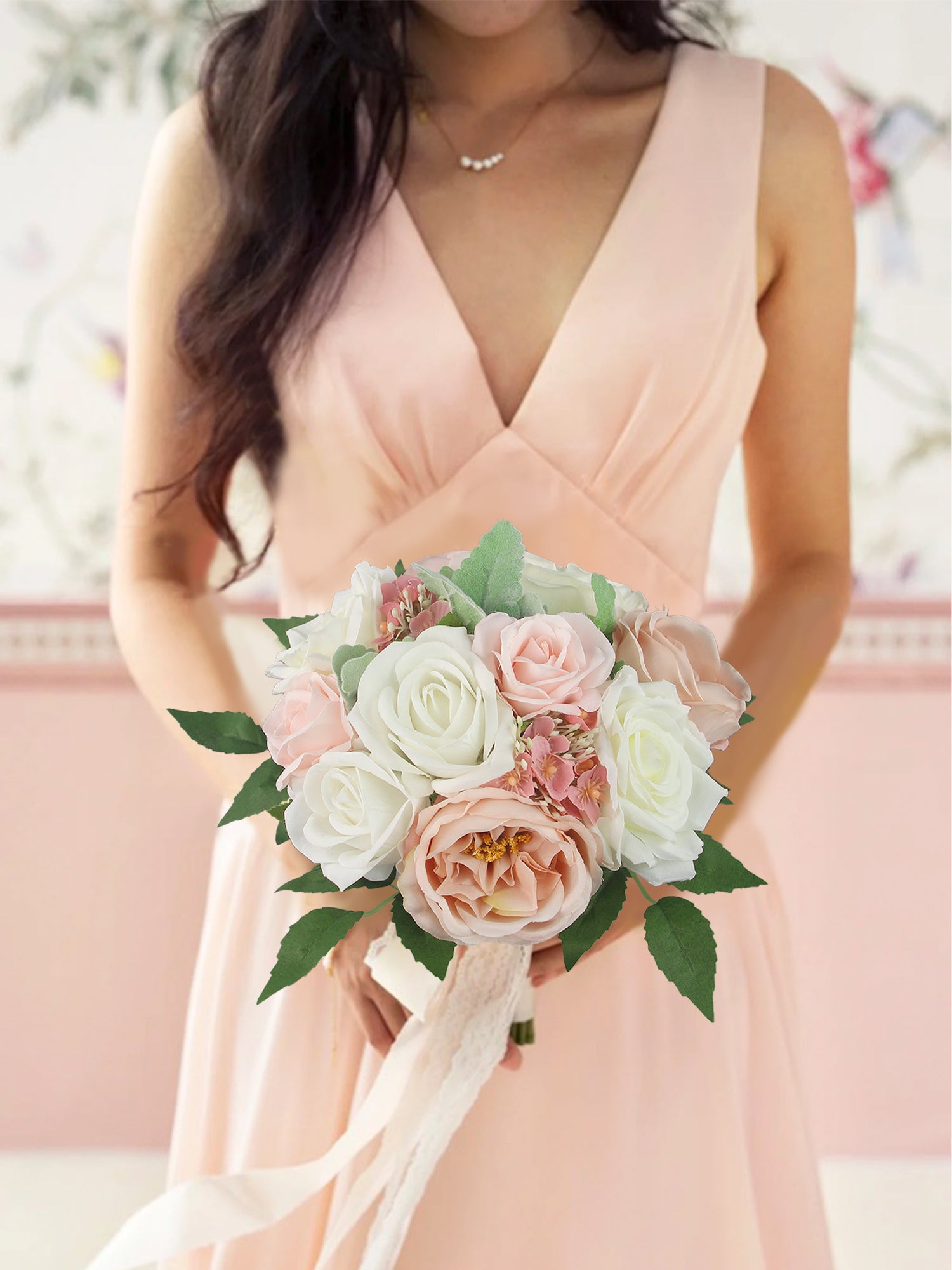 Bouquet White Dress With Pink Roses Inch Wide White Blush Pink Bridesmaid Bouquet Bouquet White Dress With Pink Roses Inch Wide White Blush Pink Bridesmaid Bouquet