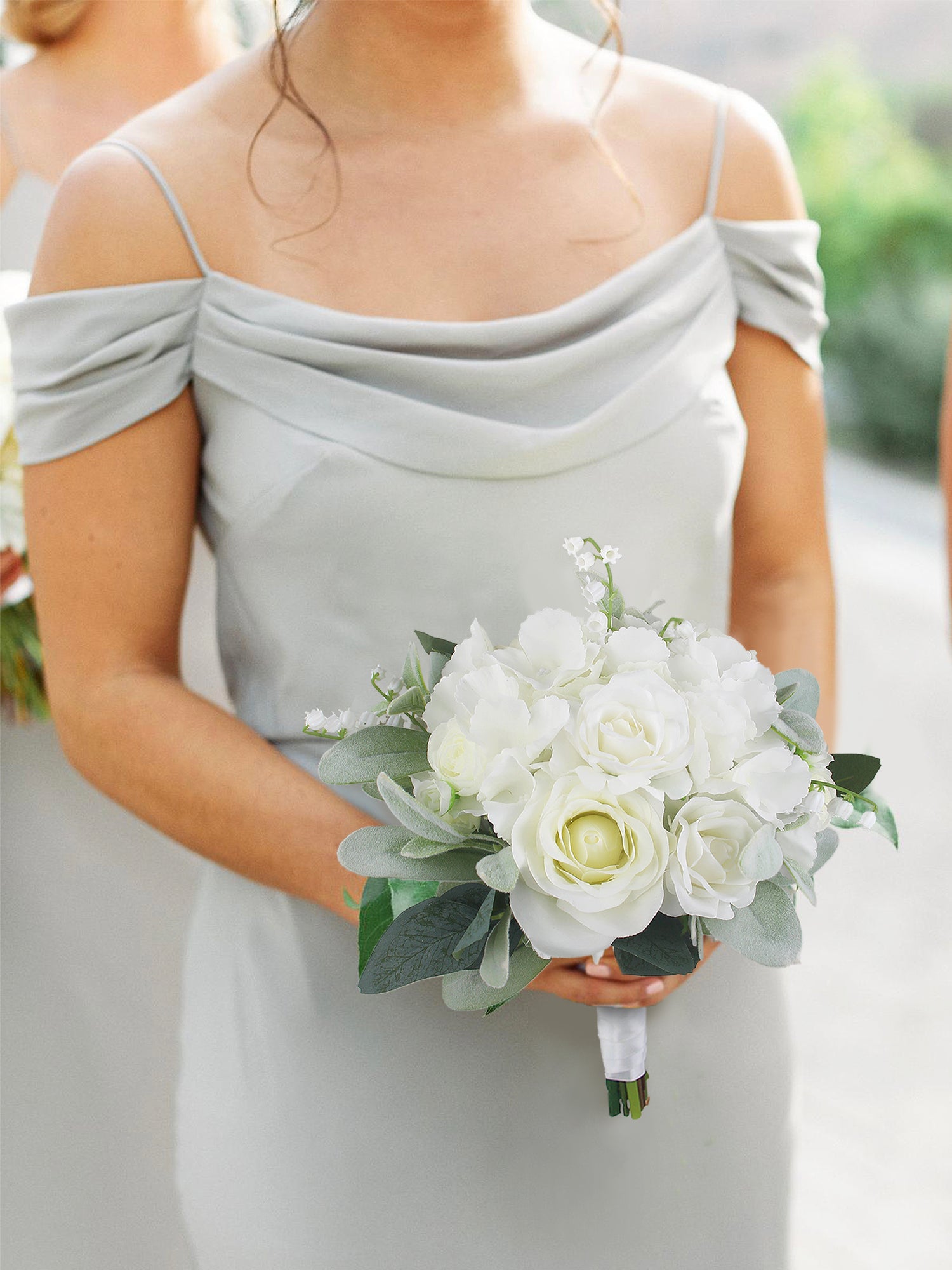 9.4 inch wide Dusty Green & White Bridesmaid Bouquet