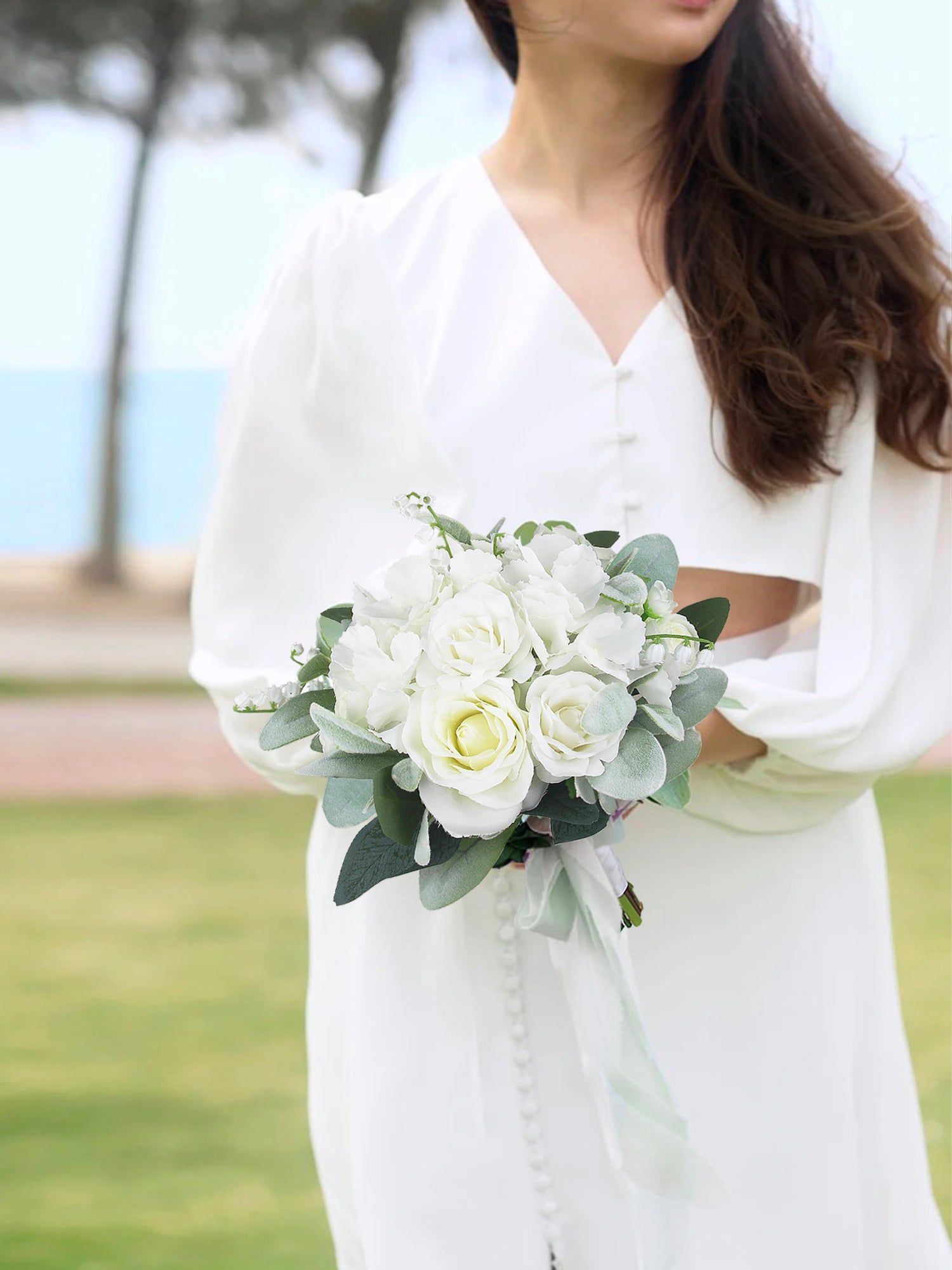 9.4 inch wide Dusty Green & White Bridesmaid Bouquet