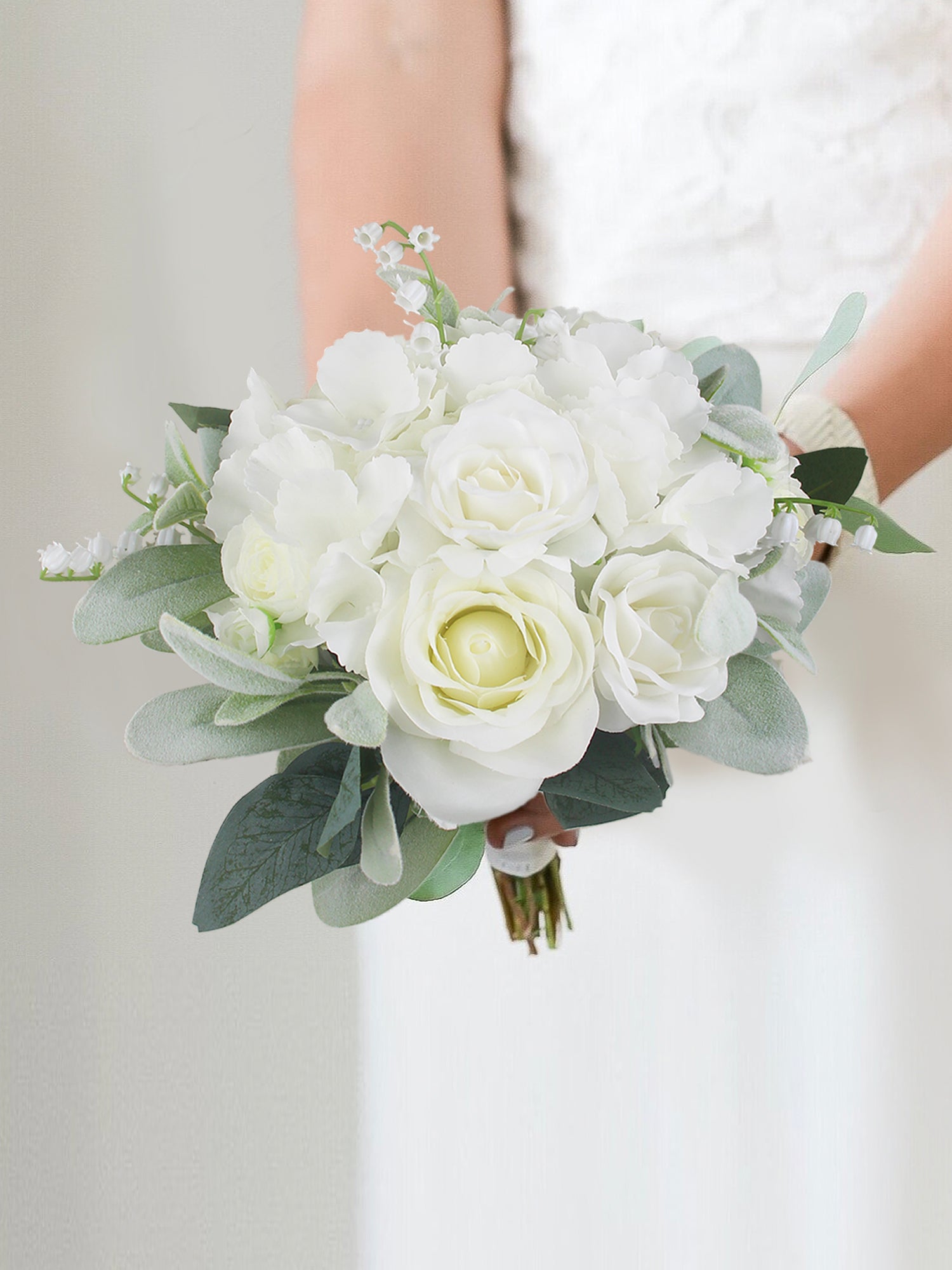 9.4 inch wide Dusty Green & White Bridesmaid Bouquet