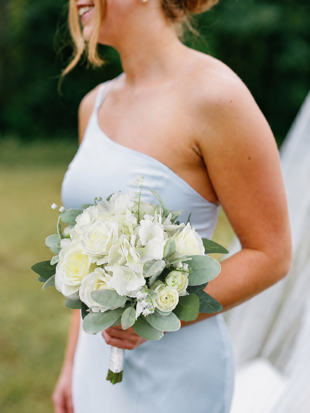 9.4 inch wide Dusty Green & White Bridesmaid Bouquet - Rinlong Flower