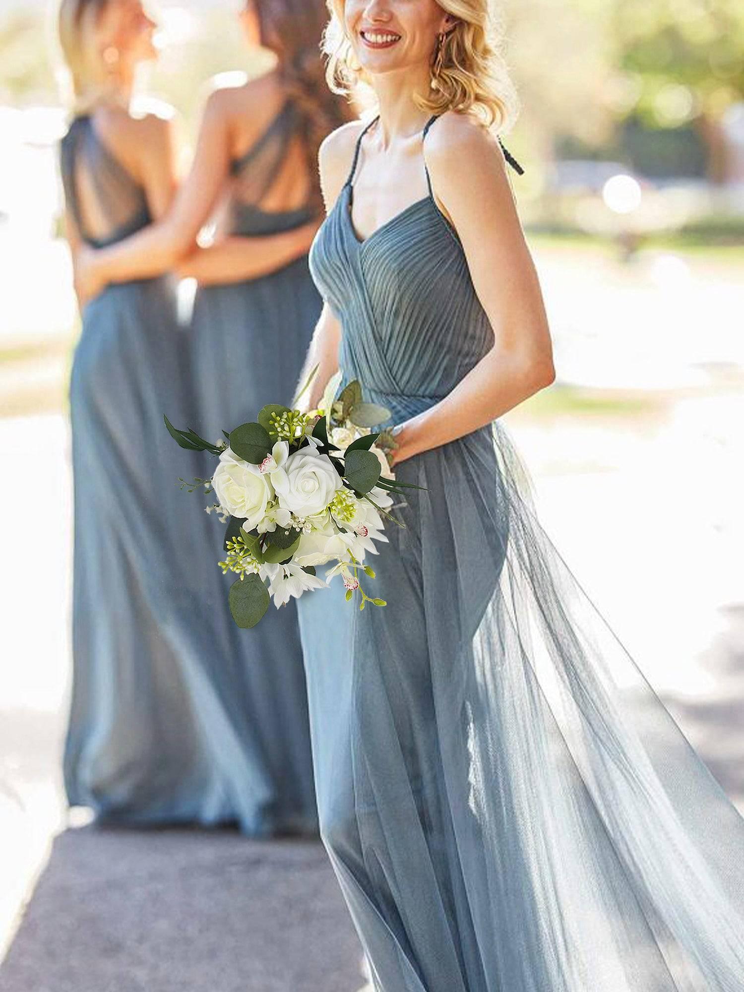 7.8 inch wide Sage Green & White Bridesmaid Bouquet - Rinlong Flower