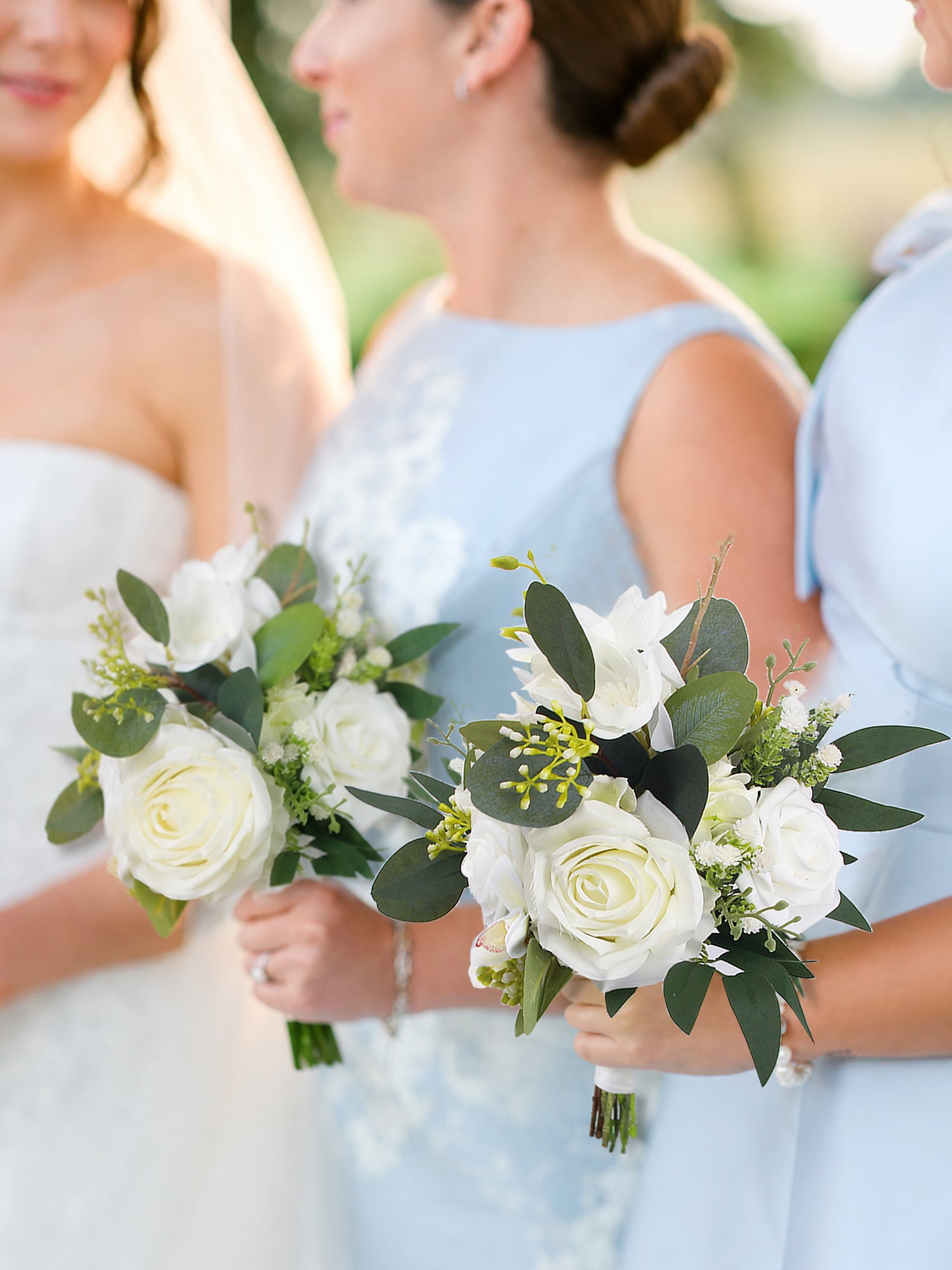 7.8 inch wide Sage Green & White Bridesmaid Bouquet