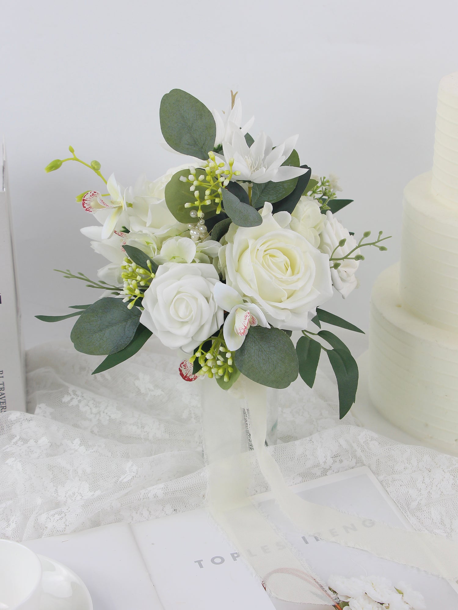 7.8 inch wide Sage Green & White Bridesmaid Bouquet - Rinlong Flower