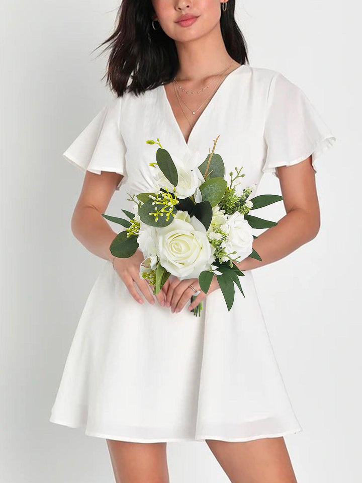 7.8 inch wide Sage Green & White Bridesmaid Bouquet