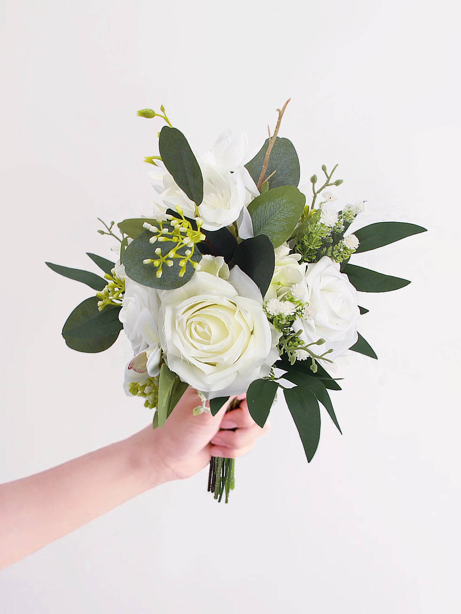 7.8 inch wide Sage Green & White Bridesmaid Bouquet