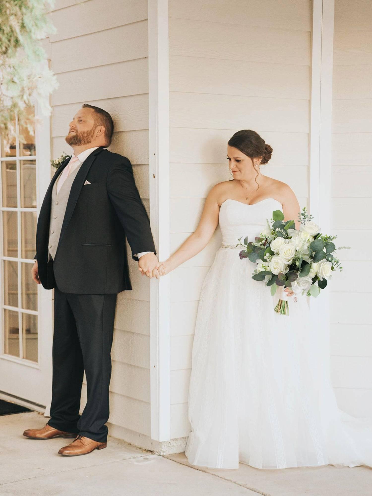 13.7 inch wide Sage Green & White Bridal Bouquet - Rinlong Flower