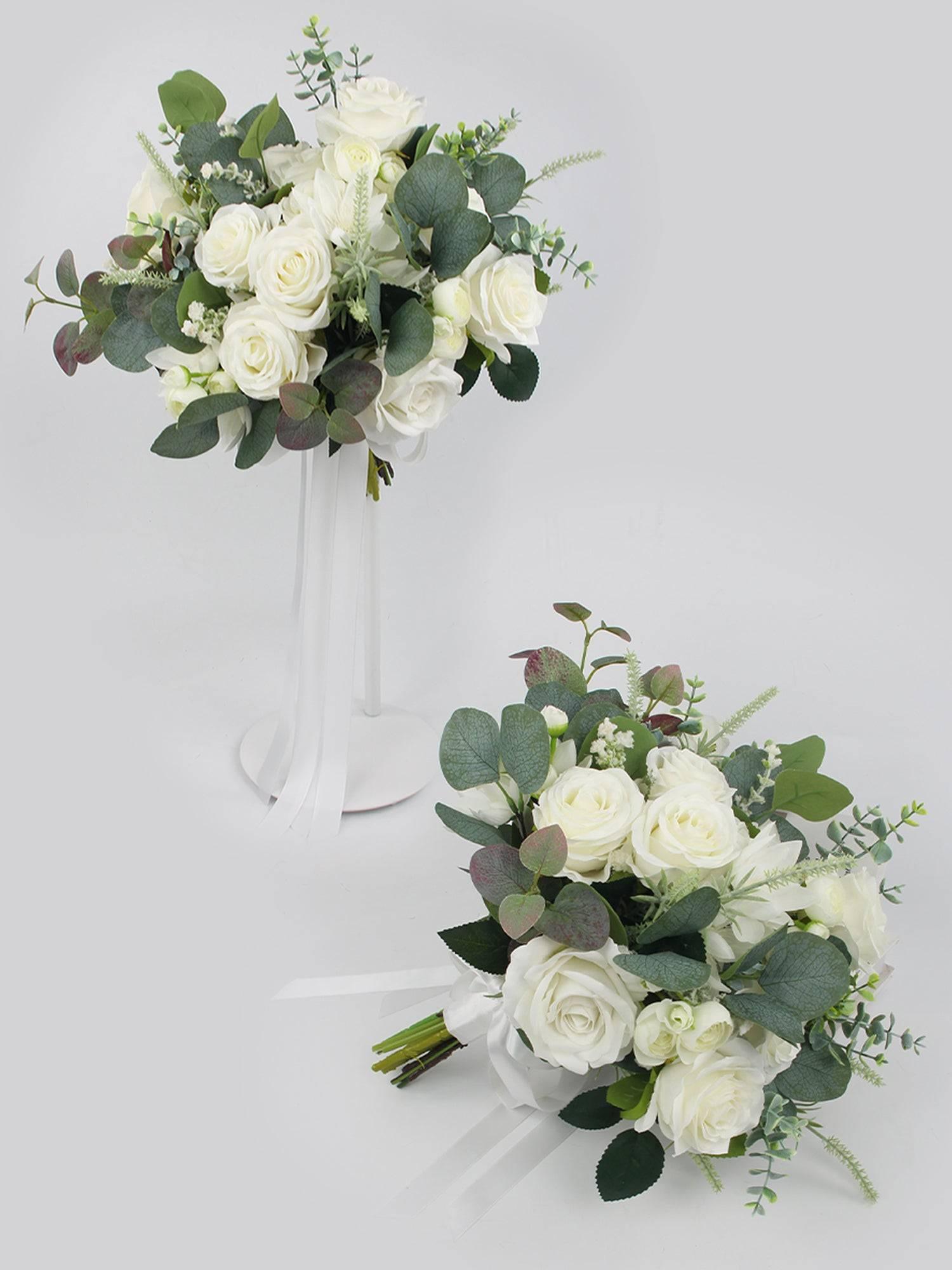 13.7 inch wide Sage Green & White Bridal Bouquet - Rinlong Flower
