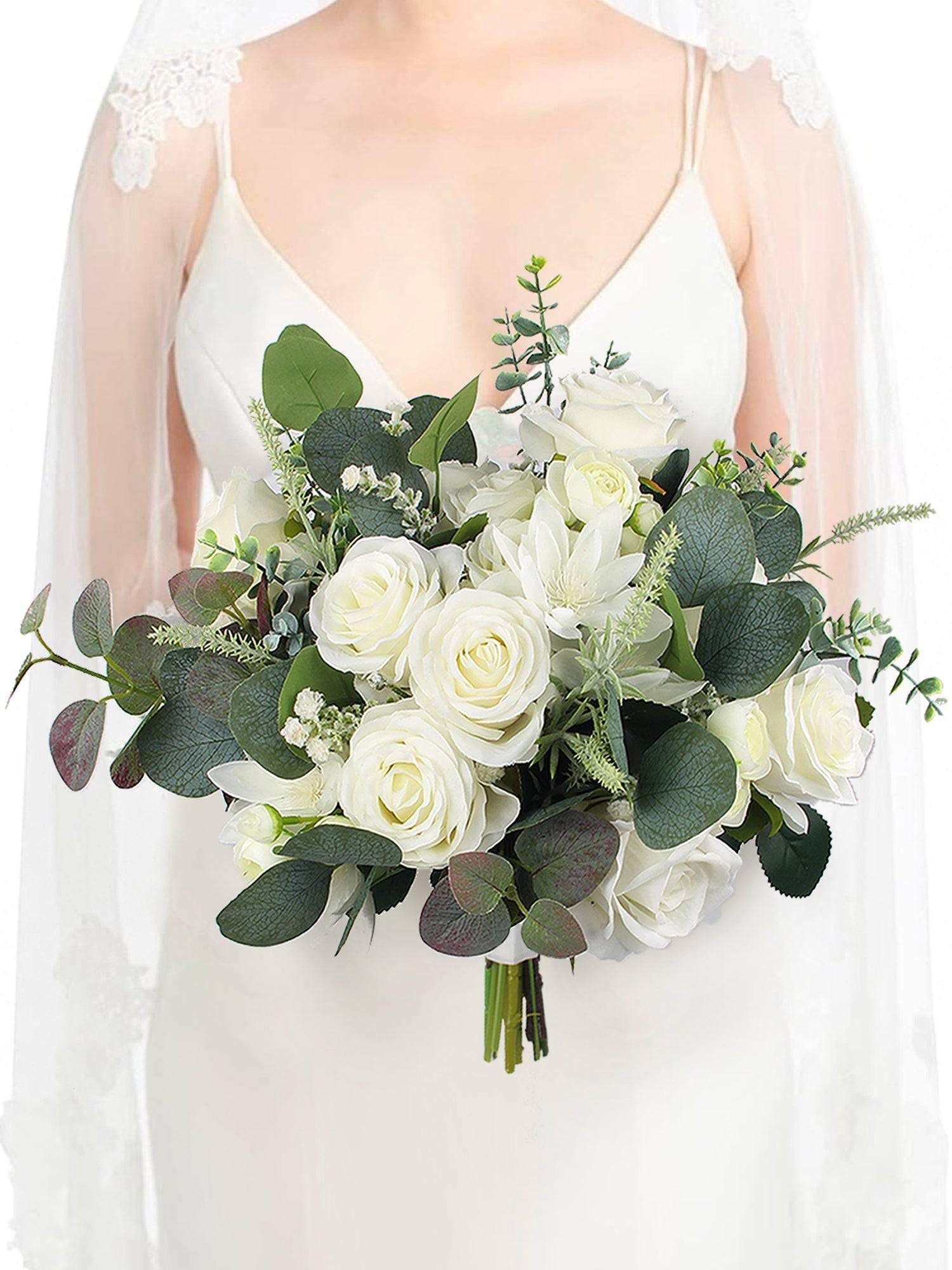 13.7 inch wide Sage Green & White Bridal Bouquet - Rinlong Flower