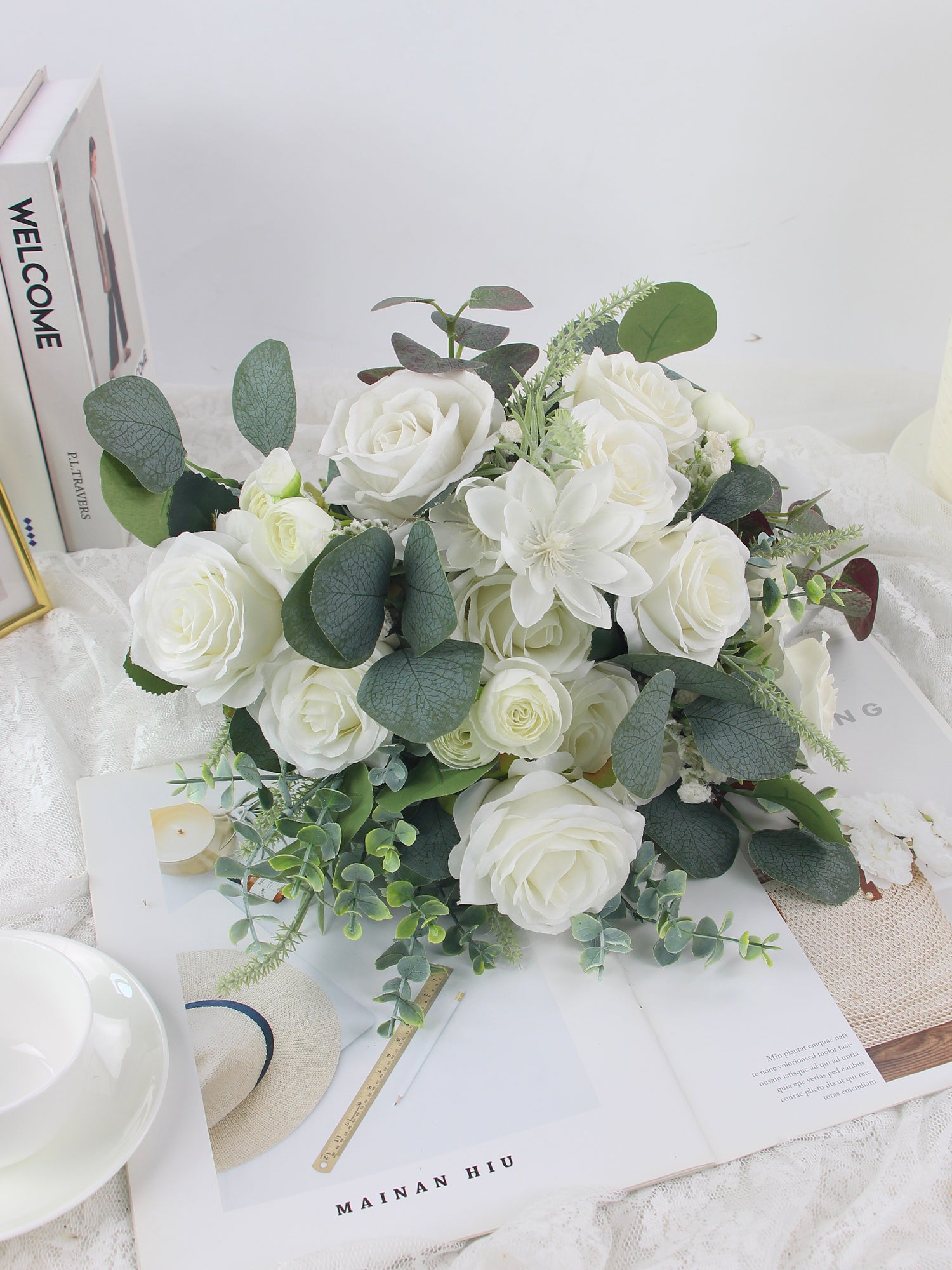 13.7 inch wide Sage Green & White Bridal Bouquet
