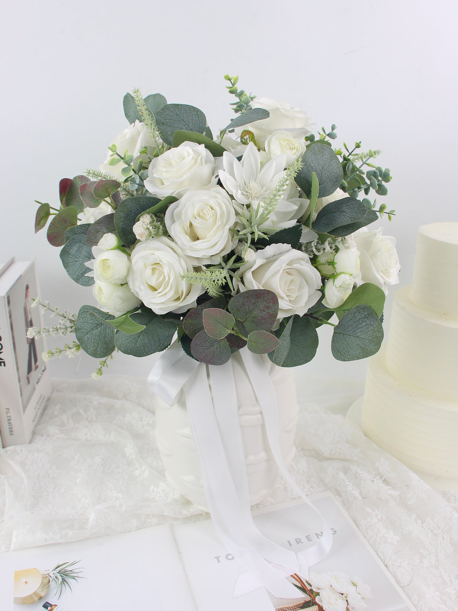 13.7 inch wide Sage Green & White Bridal Bouquet - Rinlong Flower
