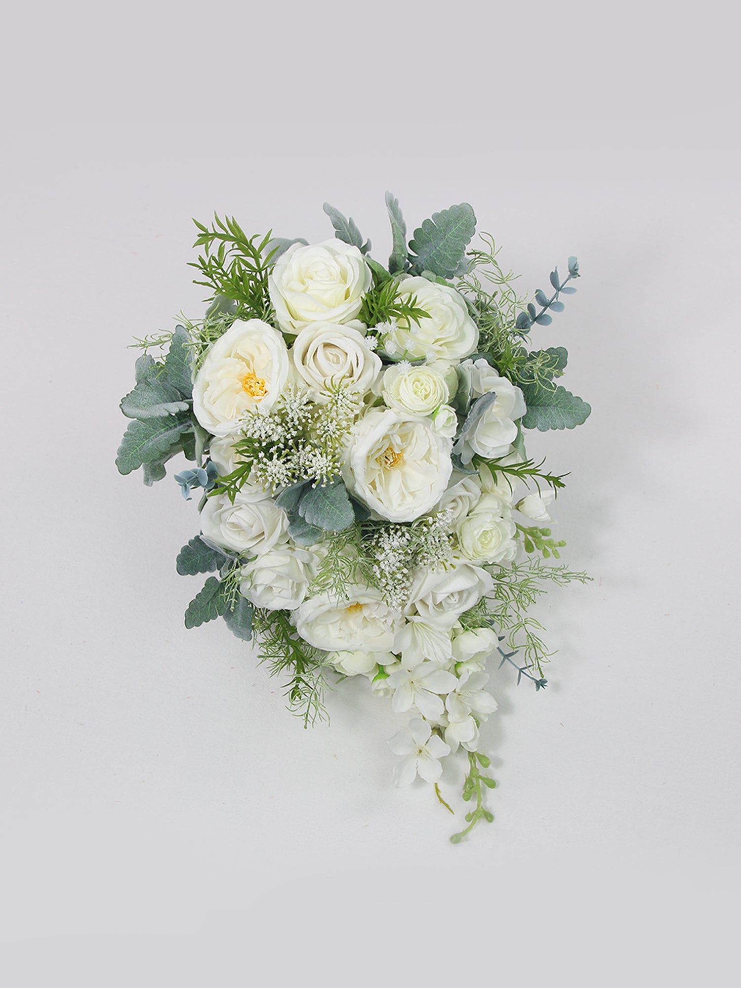 10.6 inch wide Sage Green & White Cascading Bridal Bouquet
