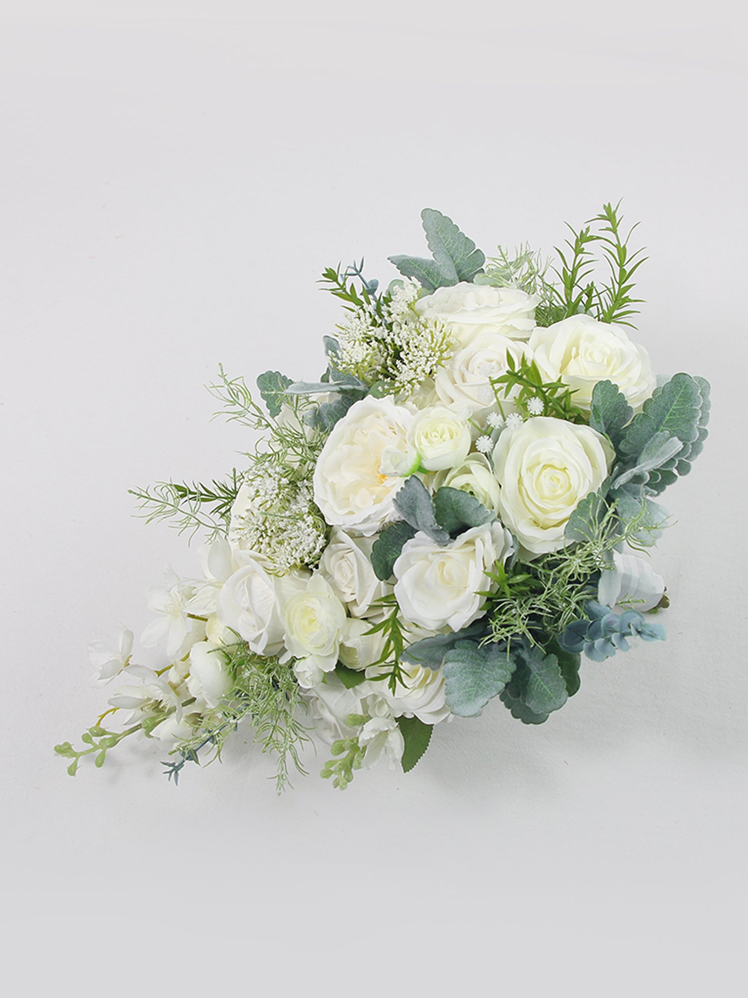 10.6 inch wide Sage Green & White Cascading Bridal Bouquet
