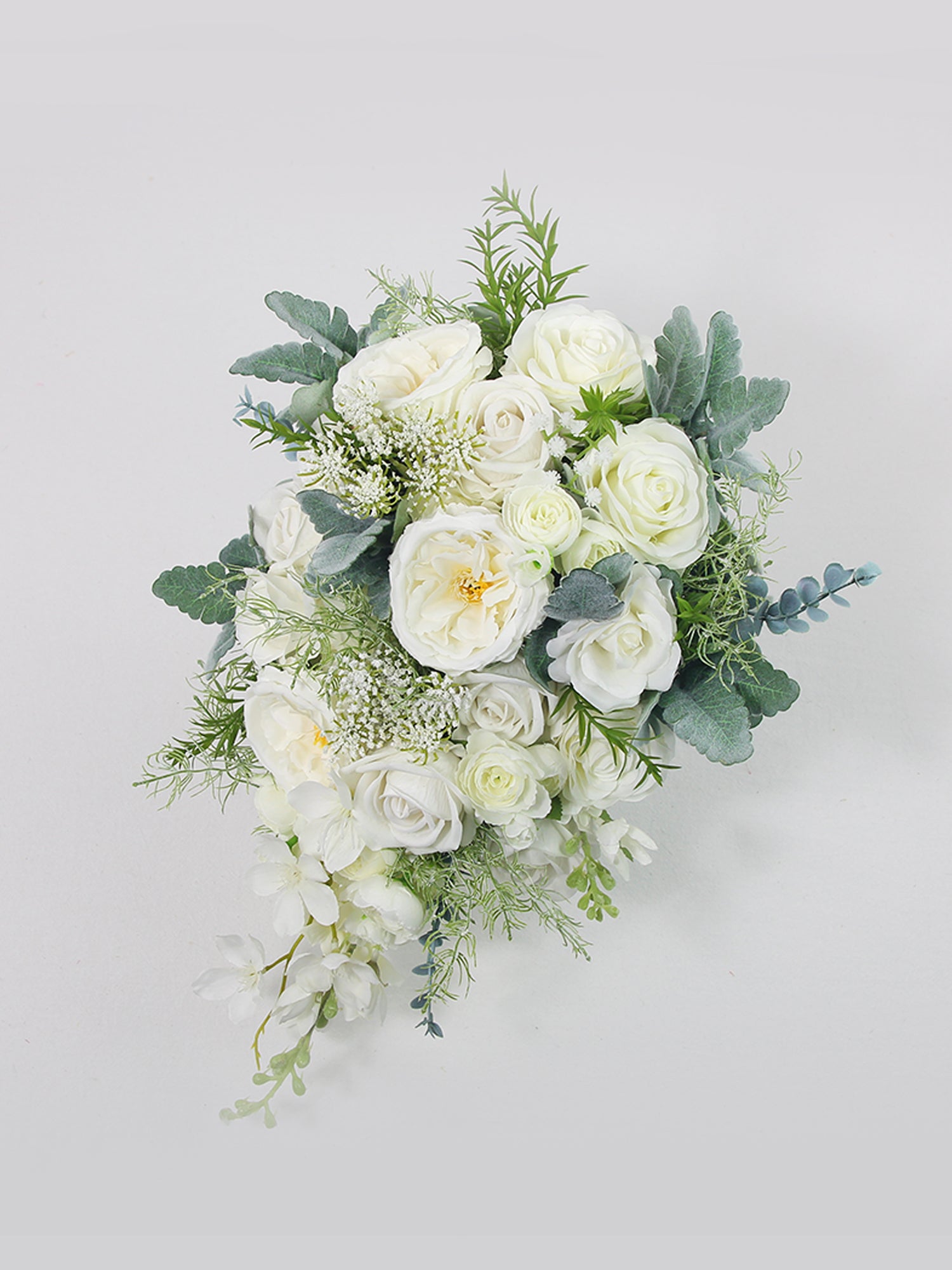 10.6 inch wide Sage Green & White Cascading Bridal Bouquet