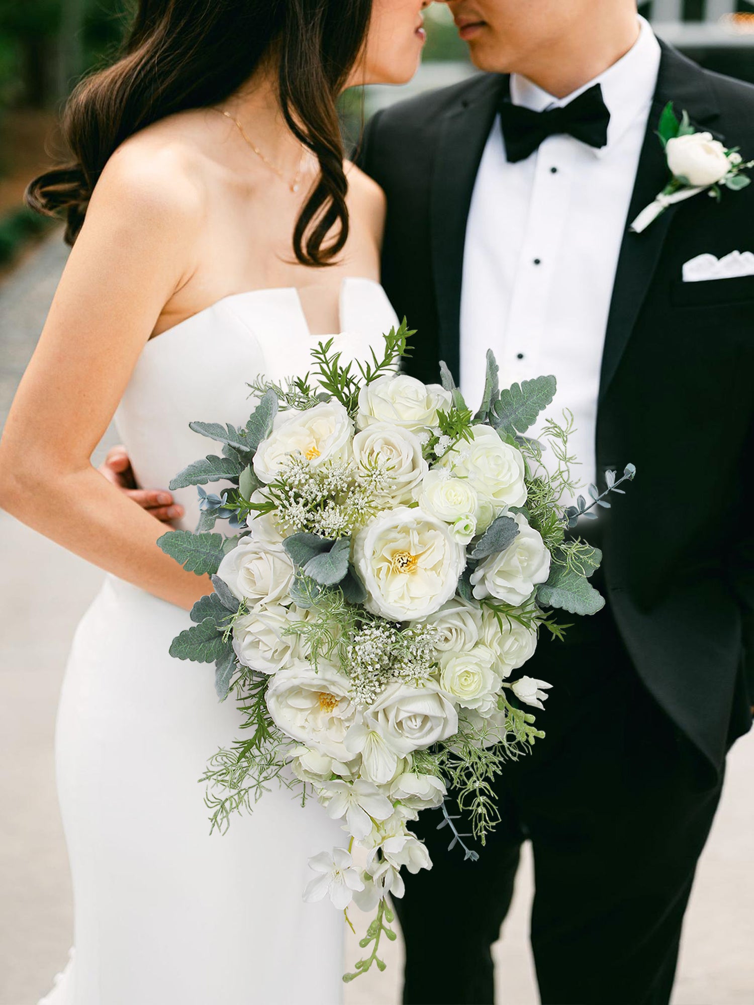 10.6 inch wide Sage Green & White Cascading Bridal Bouquet