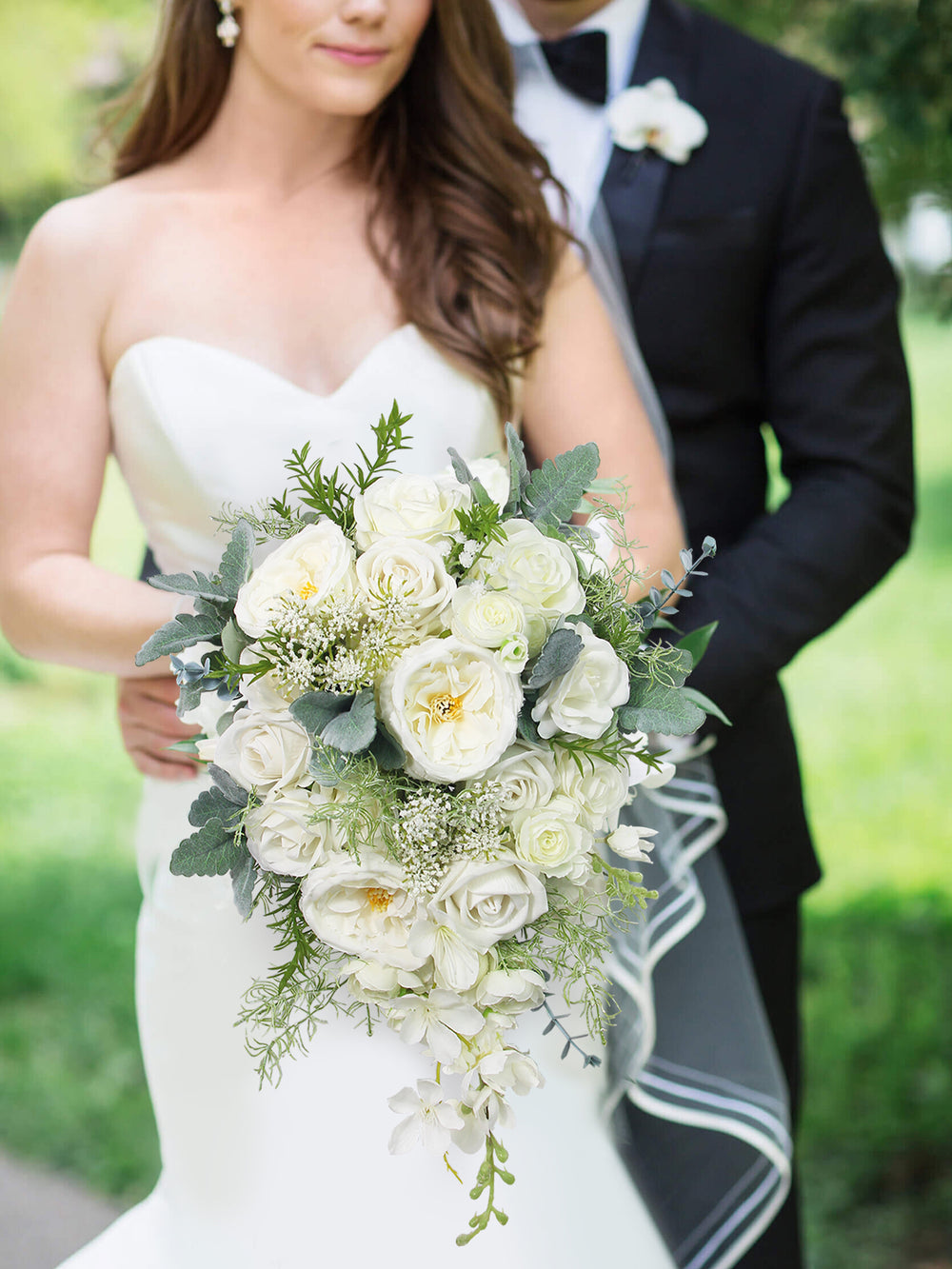 10.6 inch wide Sage Green & White Cascading Bridal Bouquet - Rinlong Flower