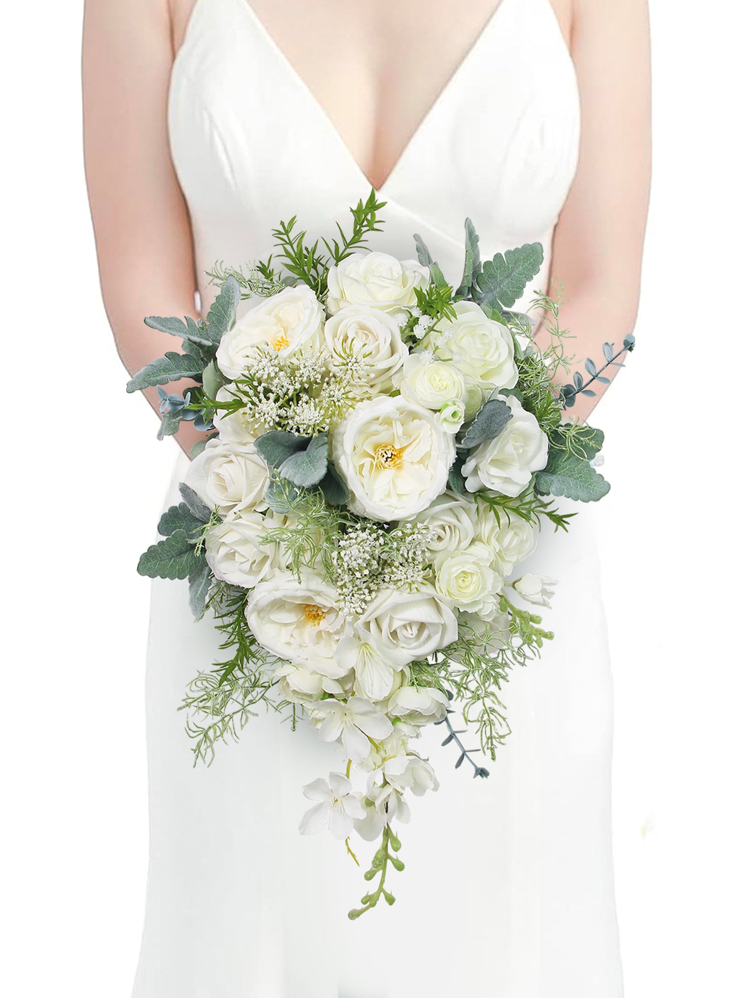 10.6 inch wide Sage Green & White Cascading Bridal Bouquet